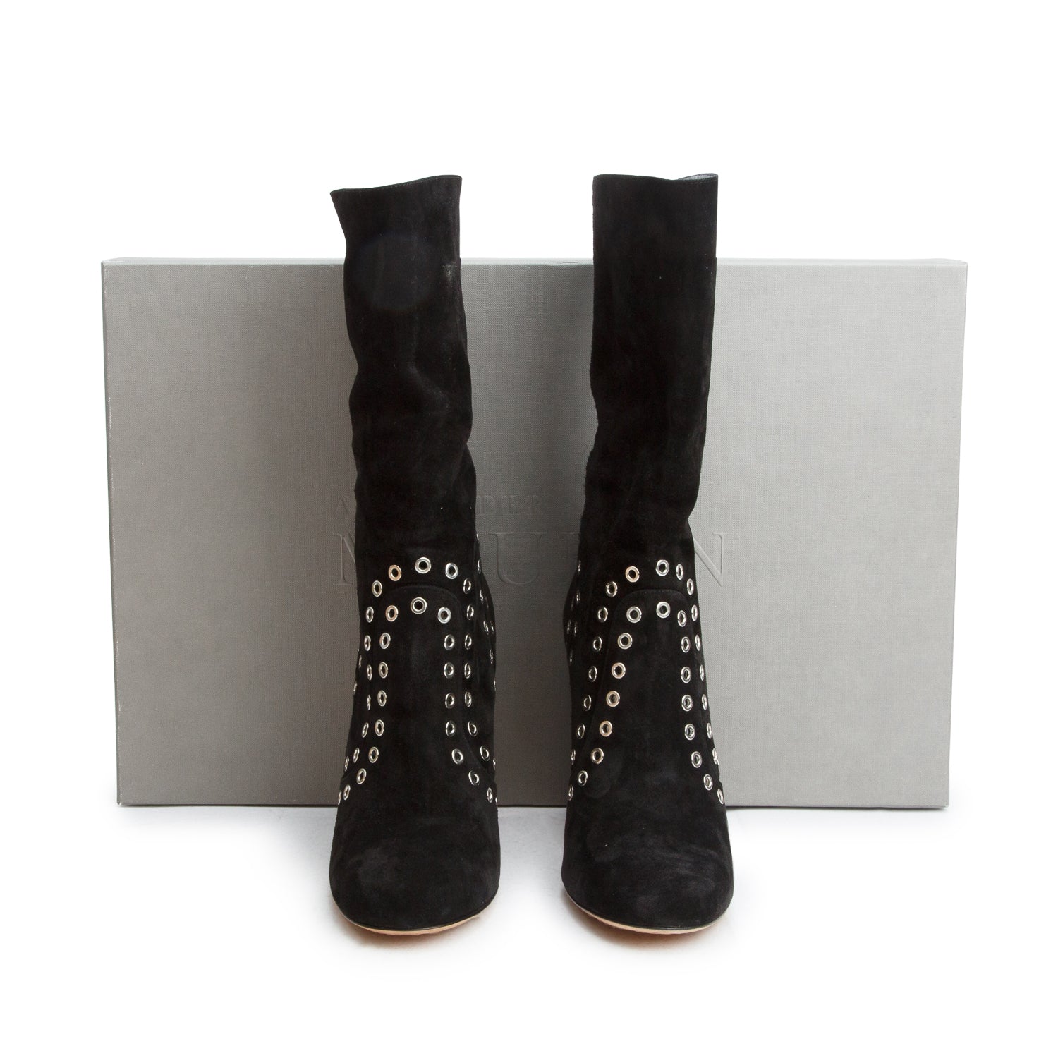 Alexander McQueen Black Suede Mid Calf Heel Boots, Size 40 w/ Box
