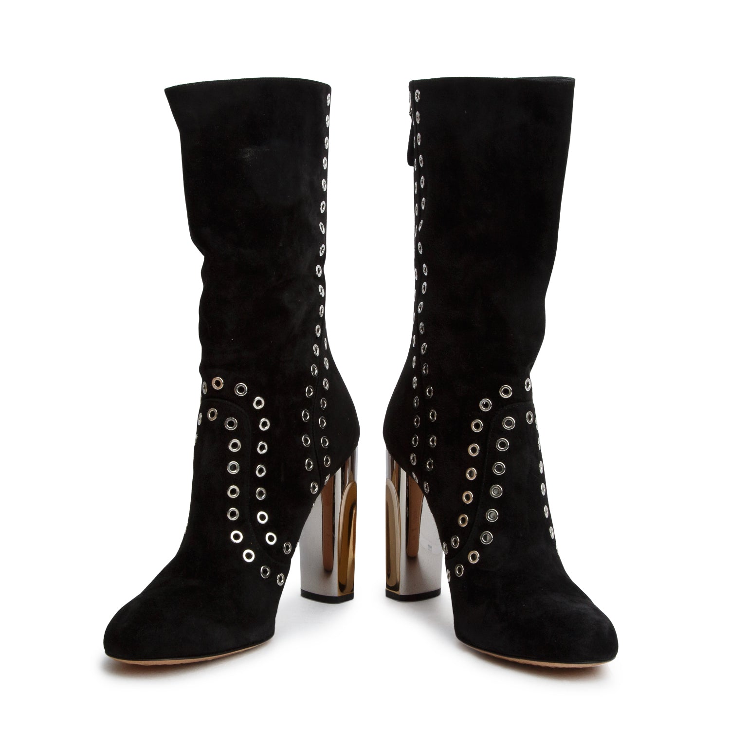 Alexander McQueen Black Suede Mid Calf Heel Boots, Size 40 w/ Box
