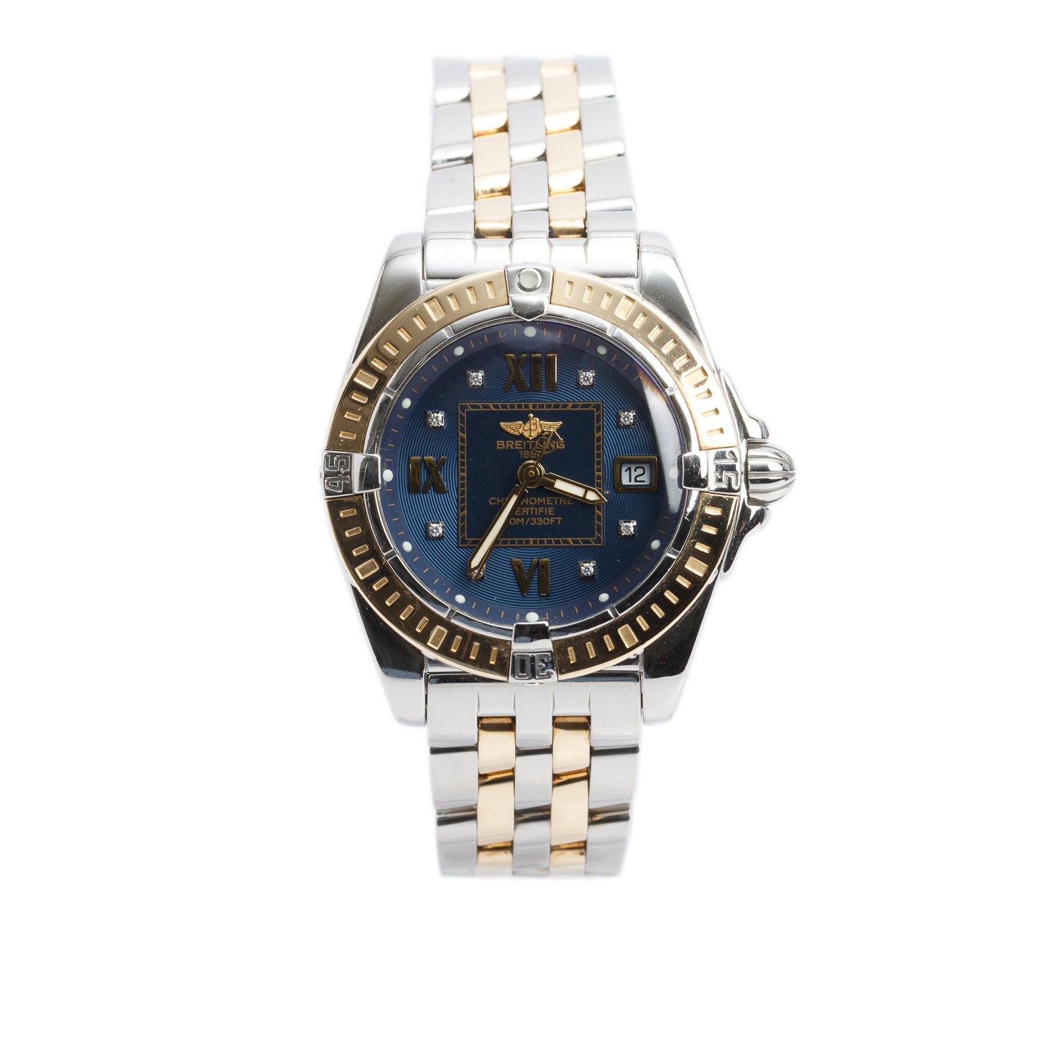 Breitling Stainless Steel & 18k Yellow Gold Galactic Cockpit 32 MM Quartz Watch Blue Diamond Dial D71356 w/ Box & Papers