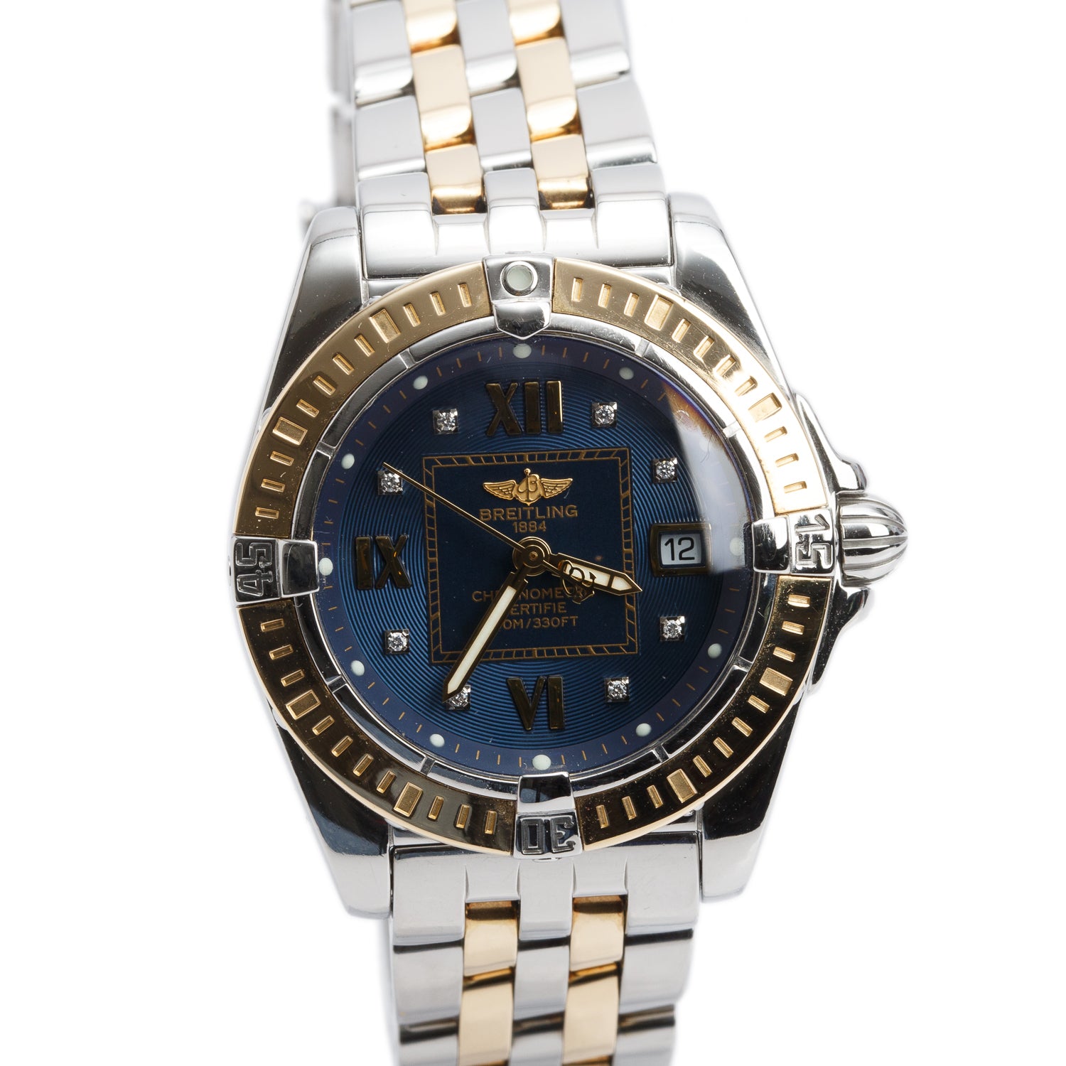 Breitling Stainless Steel & 18k Yellow Gold Galactic Cockpit 32 MM Quartz Watch Blue Diamond Dial D71356 w/ Box & Papers