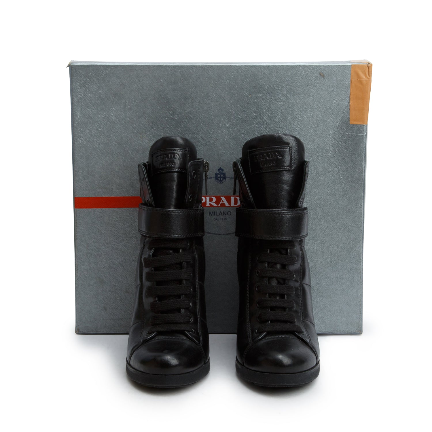 Prada Black Leather Wedge Lace-Up Ankle Boots, Size 8.5 w/ Box