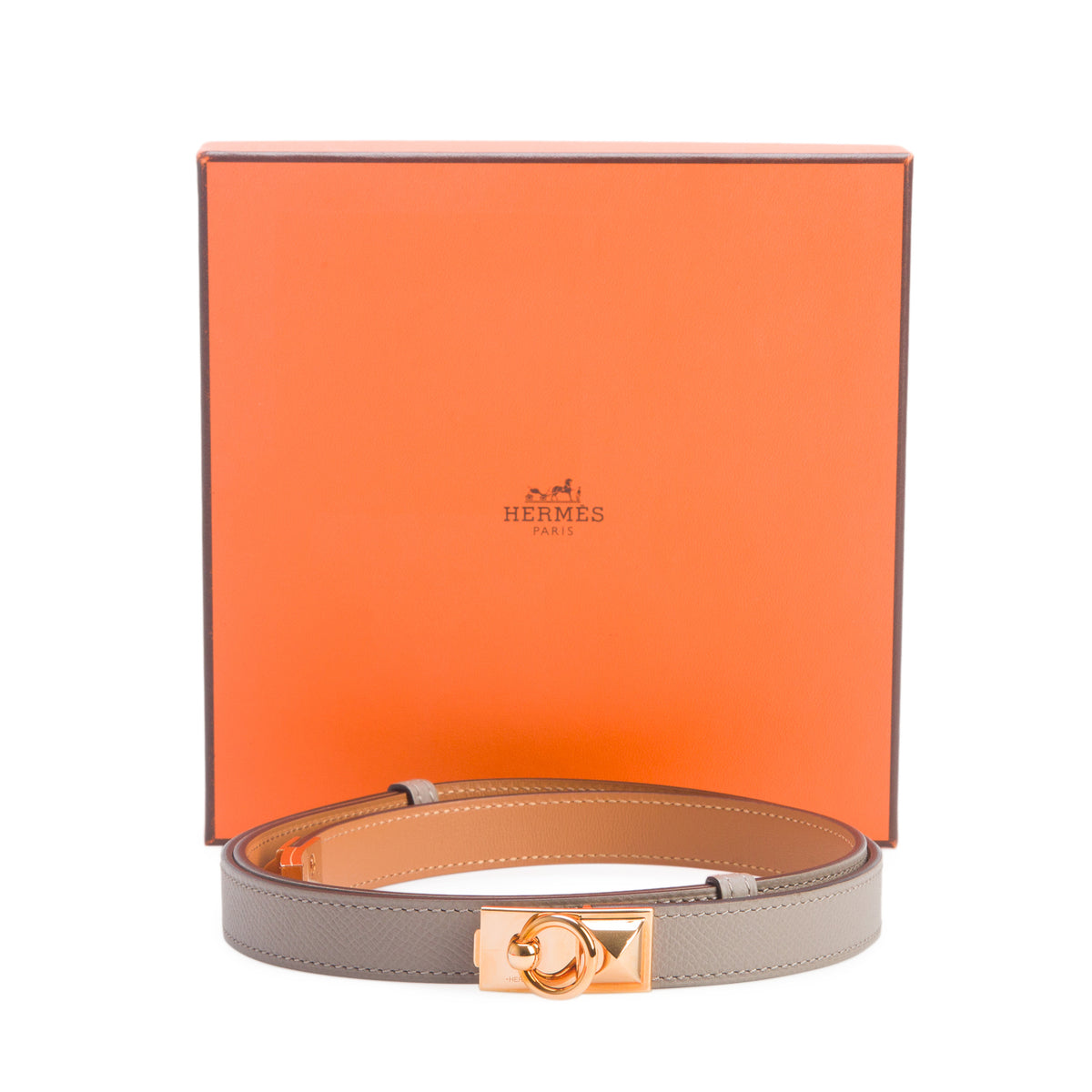 Hermes Etoupe Epsom Leather Gold Plated Rivale 18 Belt w/ Box
