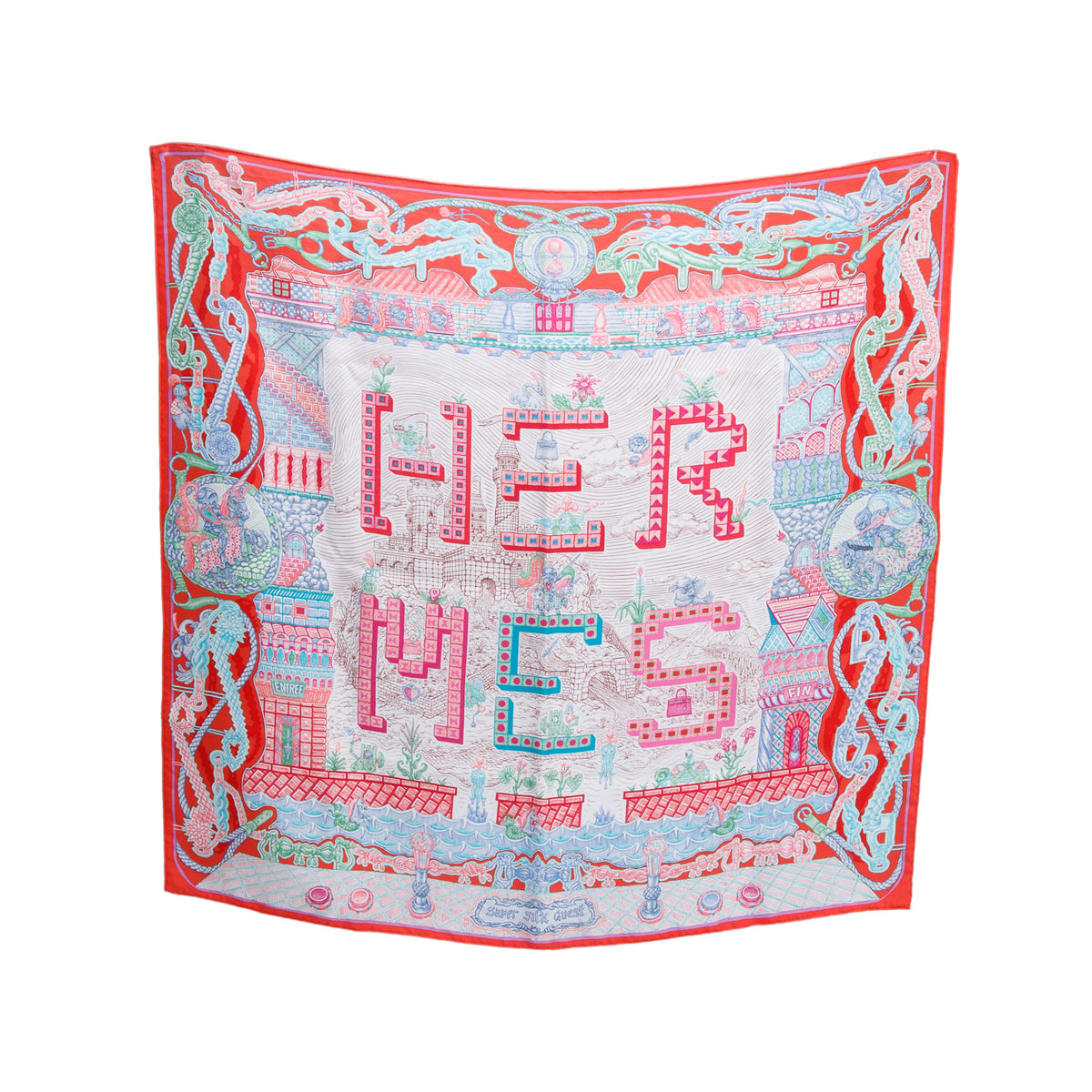 Hermes Pink & Multicolor 'Super Silk Quest' Scarf 90 w/ Box