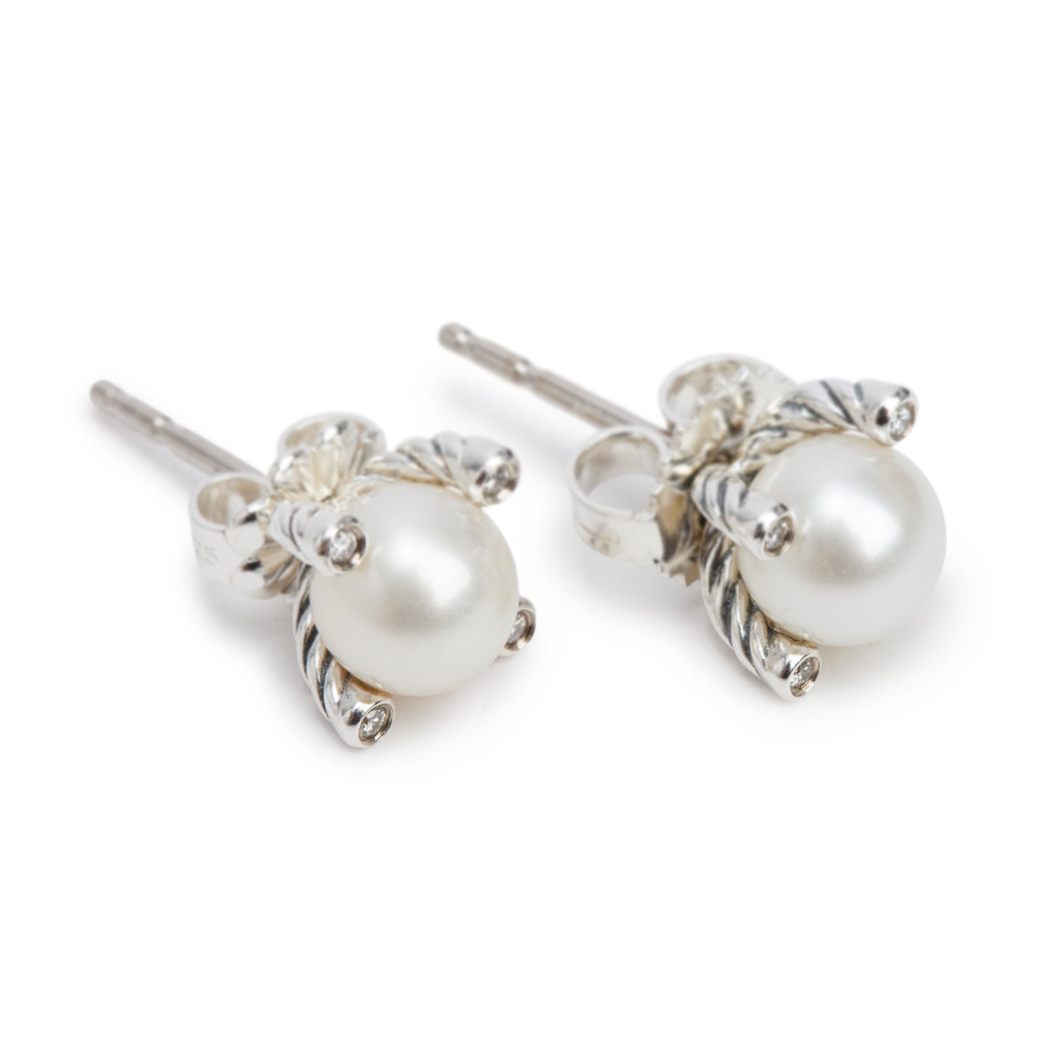 David Yurman Sterling Silver Pearl & Diamond Stud Earrings, 7.4MM