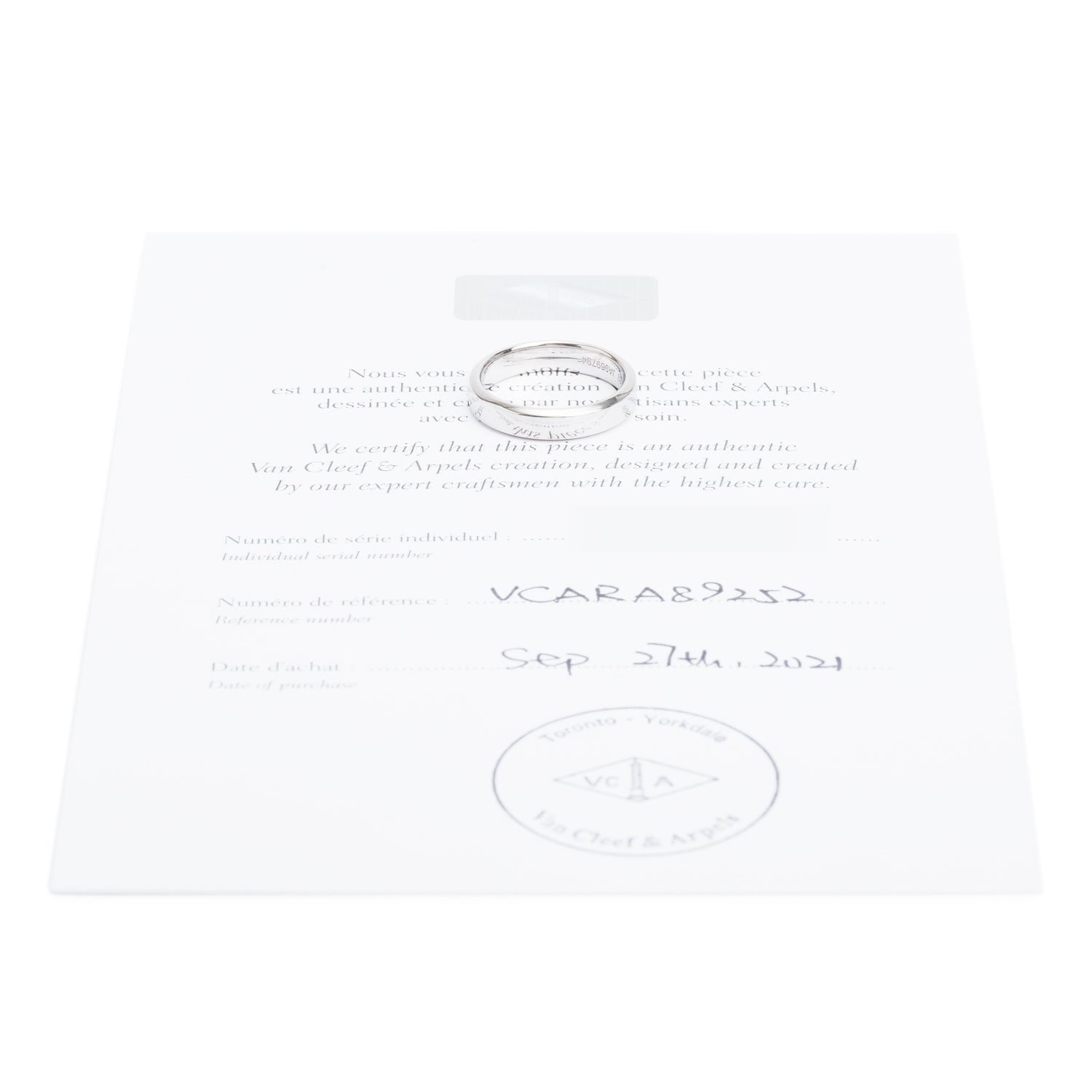 Van Cleef & Arpels Platinum Toujours 4MM Wedding Band Ring, Size 52 6 w/ Receipt & Certificate