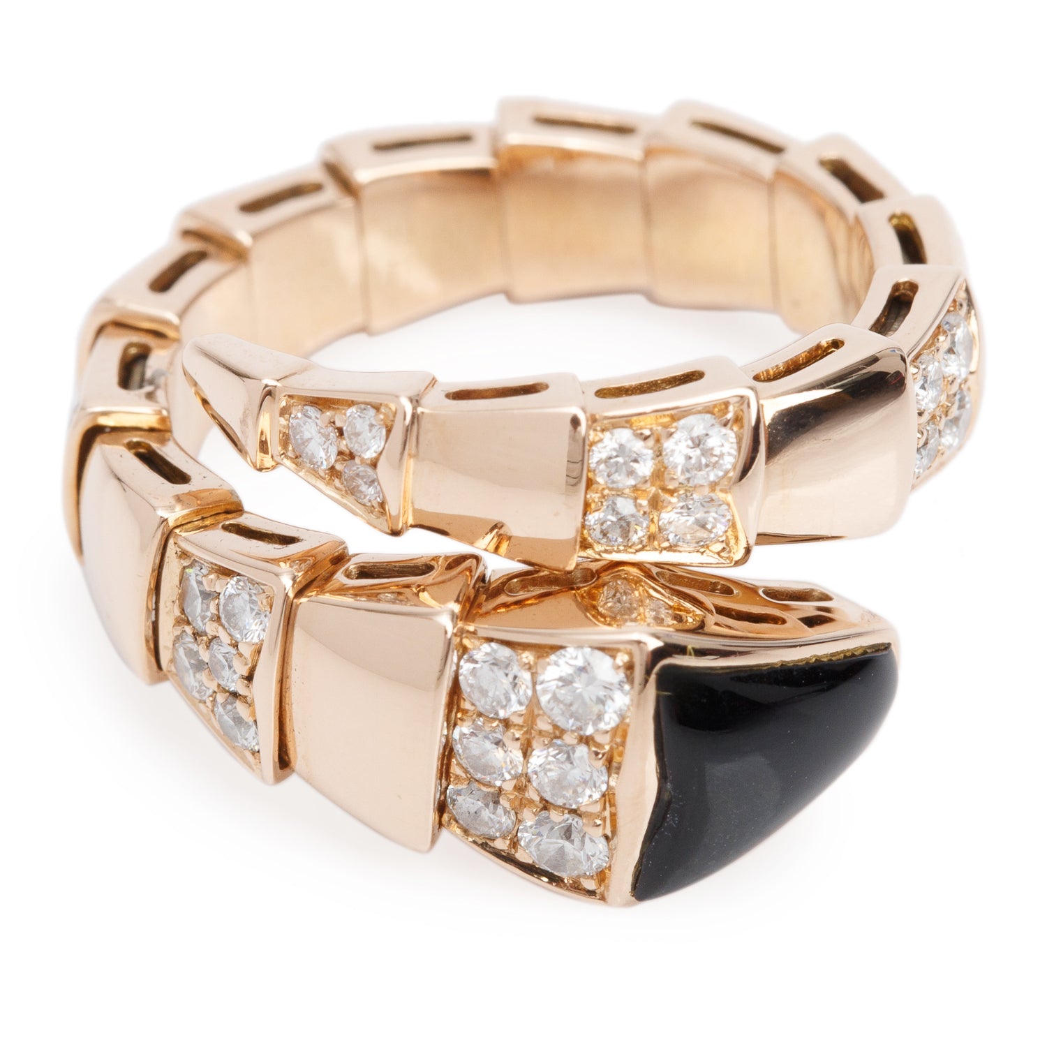 BVLGARI 18k Rose Gold Onyx & Diamond Serpenti Viper Ring, Size M w/ Box