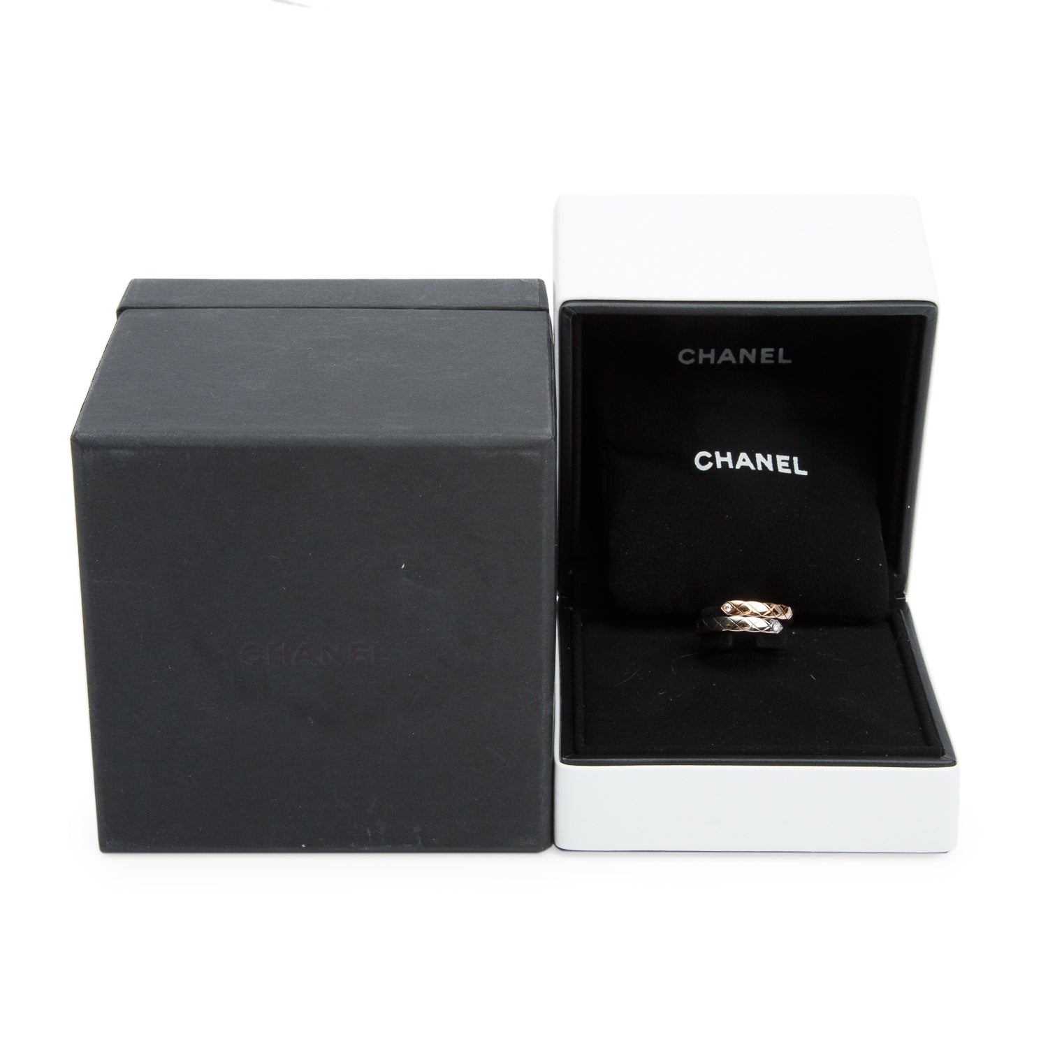 Chanel 18k Rose & White Gold Quilted Diamond Coco Crush Toi Et Moi Ring, Small Version, Size 52 6 w/ Box