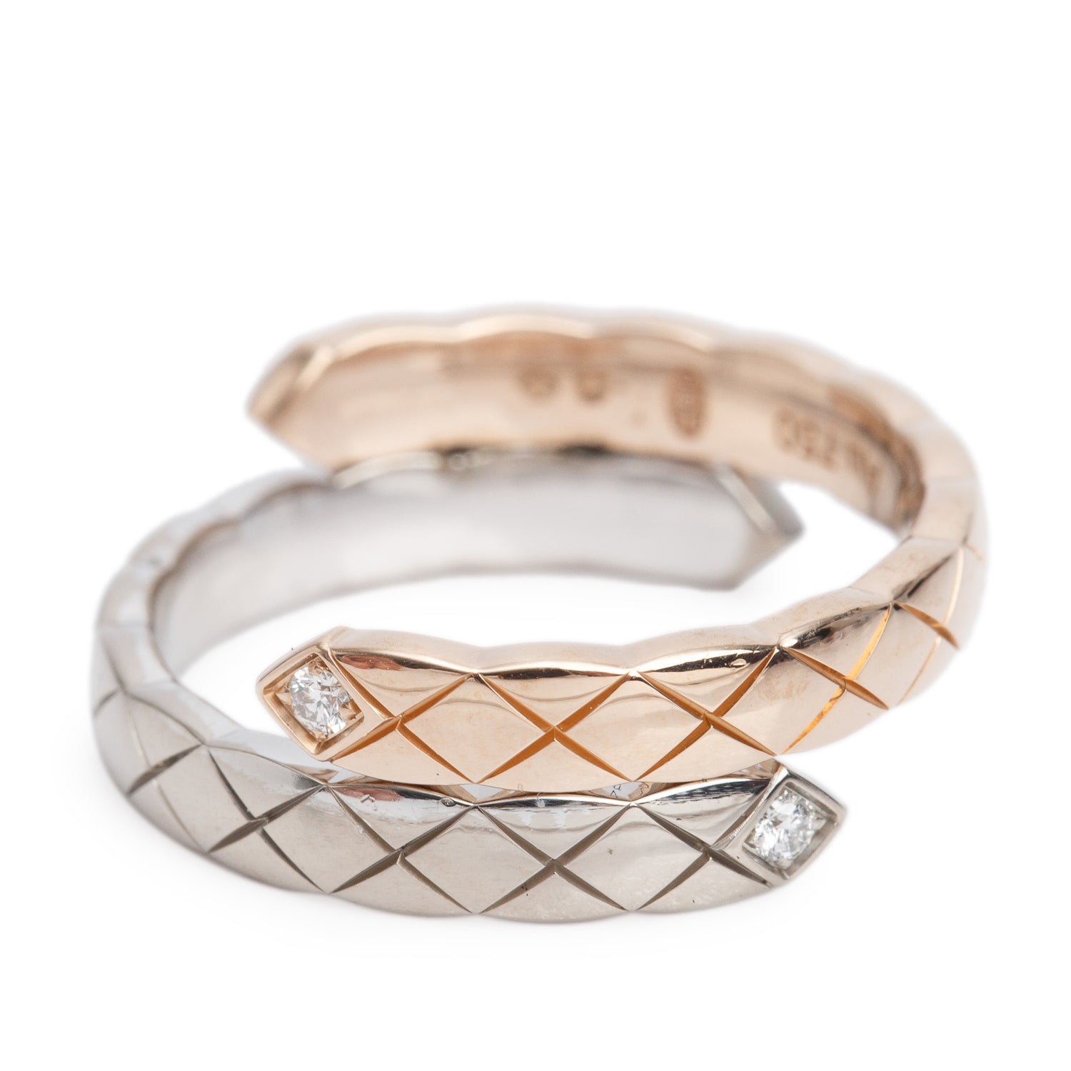 Chanel 18k Rose & White Gold Quilted Diamond Coco Crush Toi Et Moi Ring, Small Version, Size 52 6 w/ Box