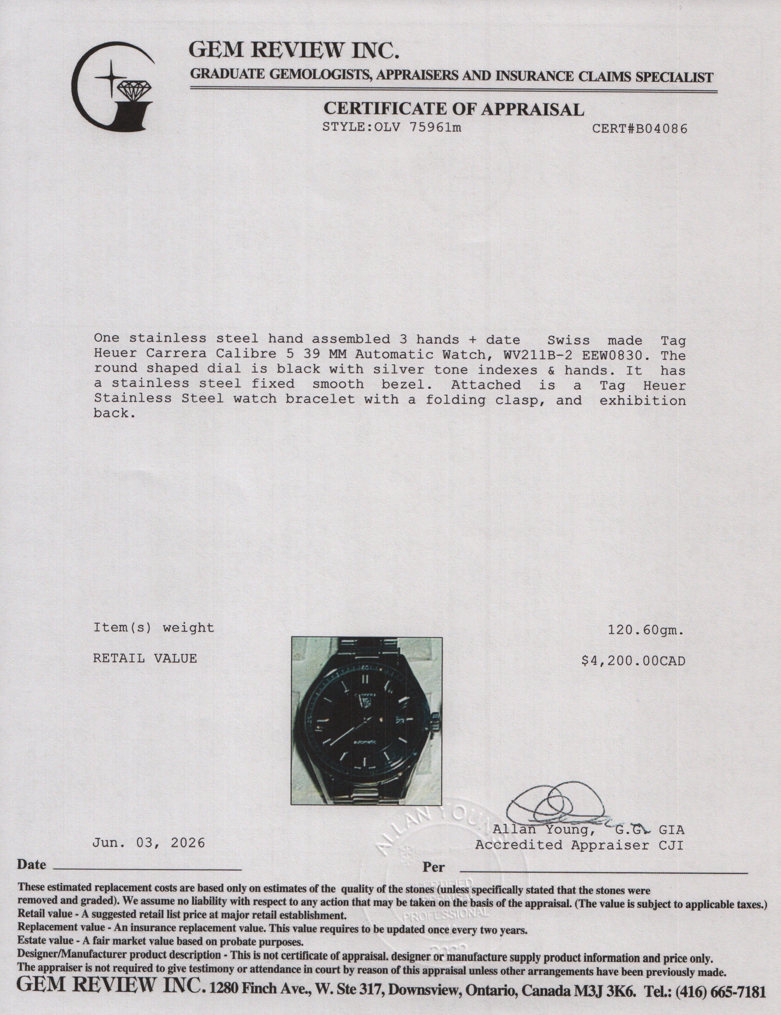 Tag Heuer Stainless Steel Carrera Calibre 5 39 MM Automatic Watch Black Dial WV211B-2 w/ Box & Papers