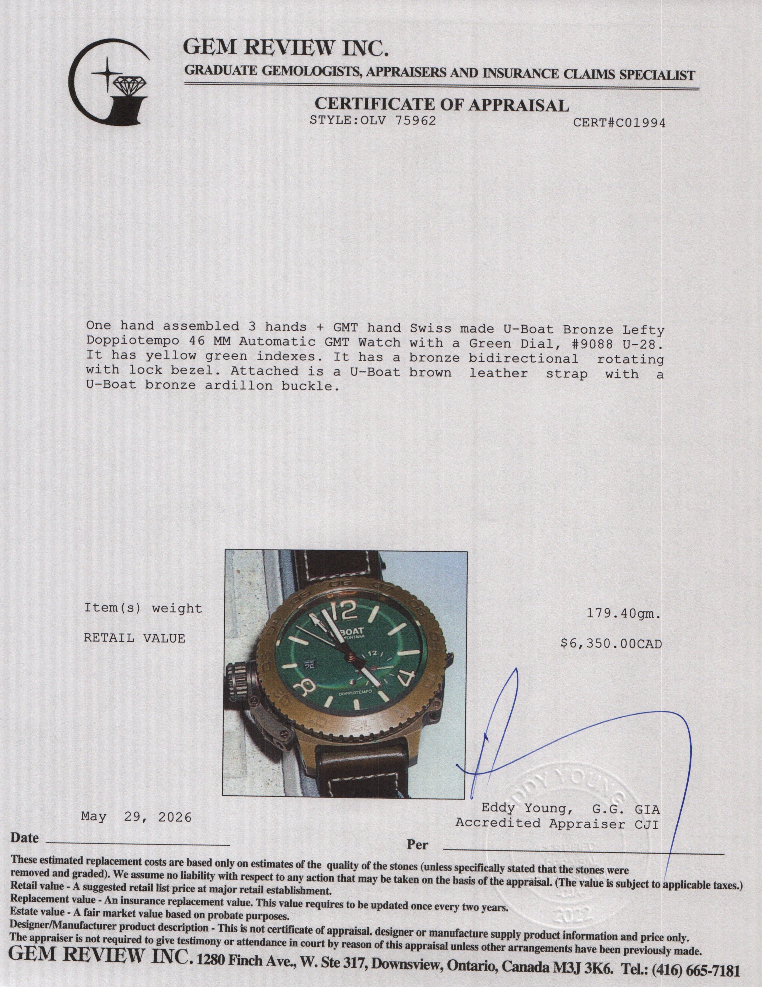 U-Boat Bronze Lefty Doppiotempo 46 MM Automatic GMT Watch Green Dial 9088 w/ Box