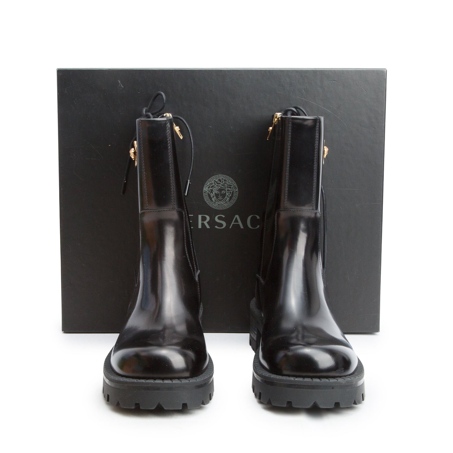 Versace Black Patent Leather Medusa Insignia Moto Boots, Size 41 w/ Box