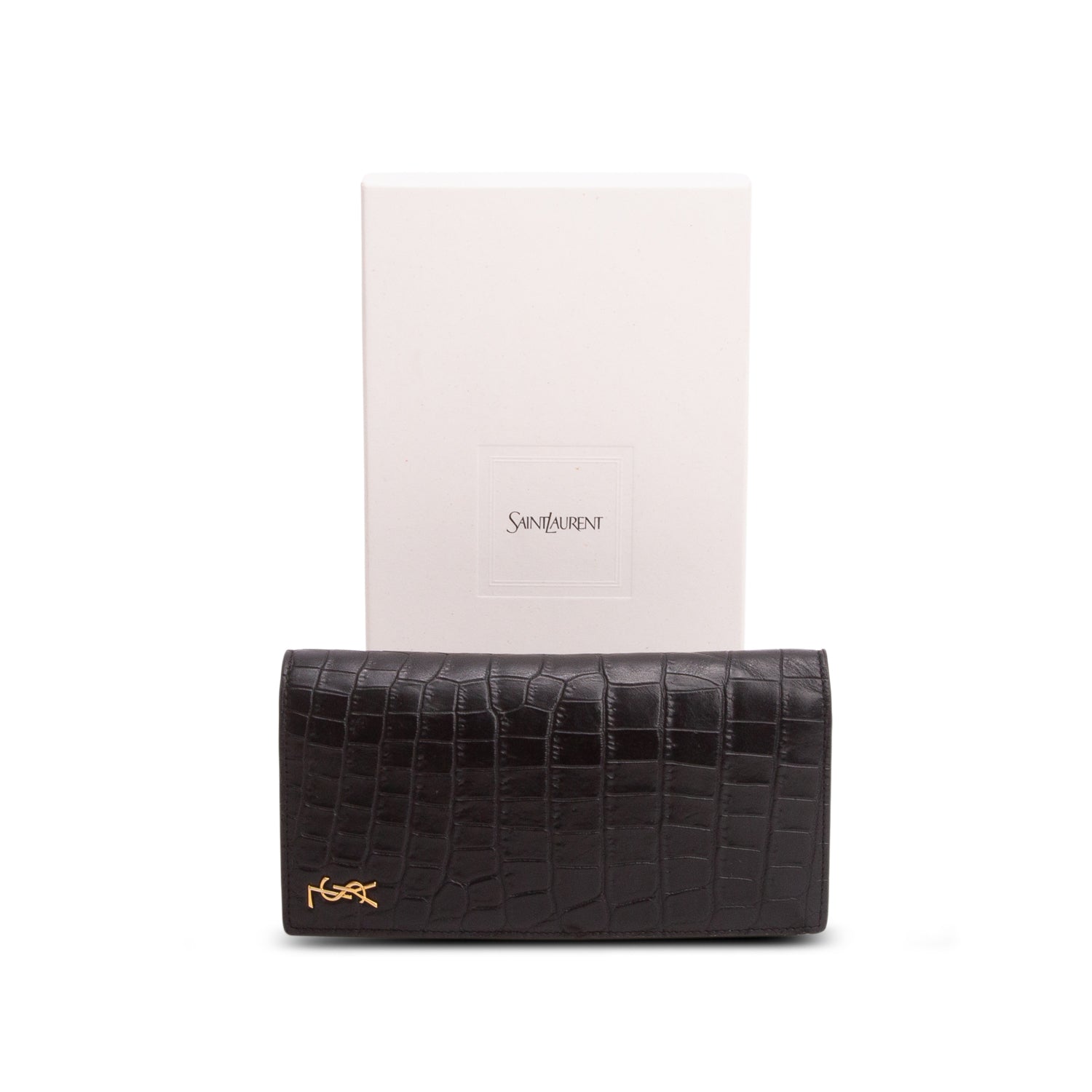 Saint Laurent 2020 Black Crocodile-Embossed Leather Tiny Cassandre Continental Wallet w/ Box & Receipt