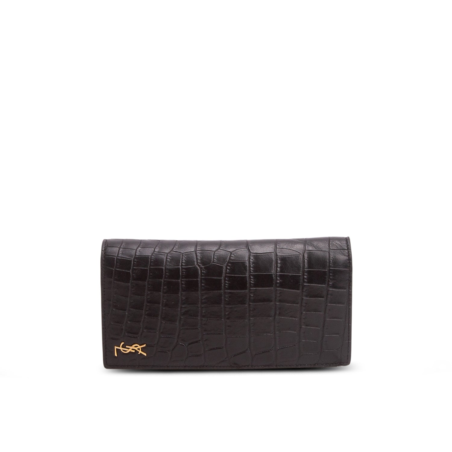 Saint Laurent 2020 Black Crocodile-Embossed Leather Tiny Cassandre Continental Wallet w/ Box & Receipt