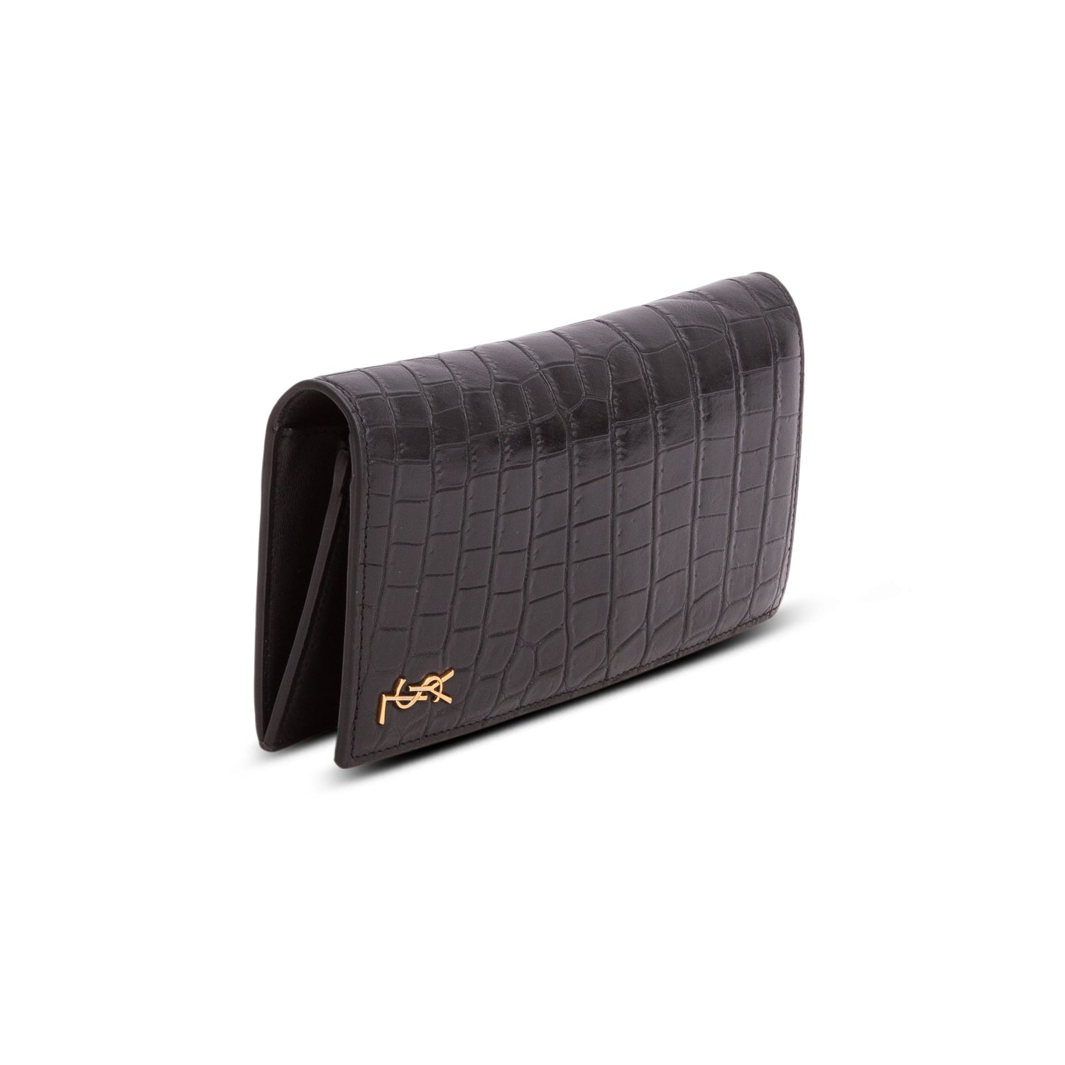 Saint Laurent 2020 Black Crocodile-Embossed Leather Tiny Cassandre Continental Wallet w/ Box & Receipt