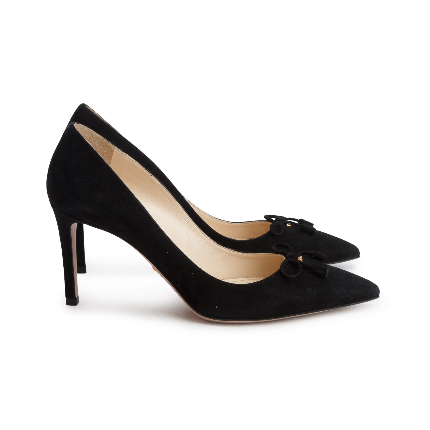 Prada Black Suede Bow Accent Pumps, Size 37 w/ Box