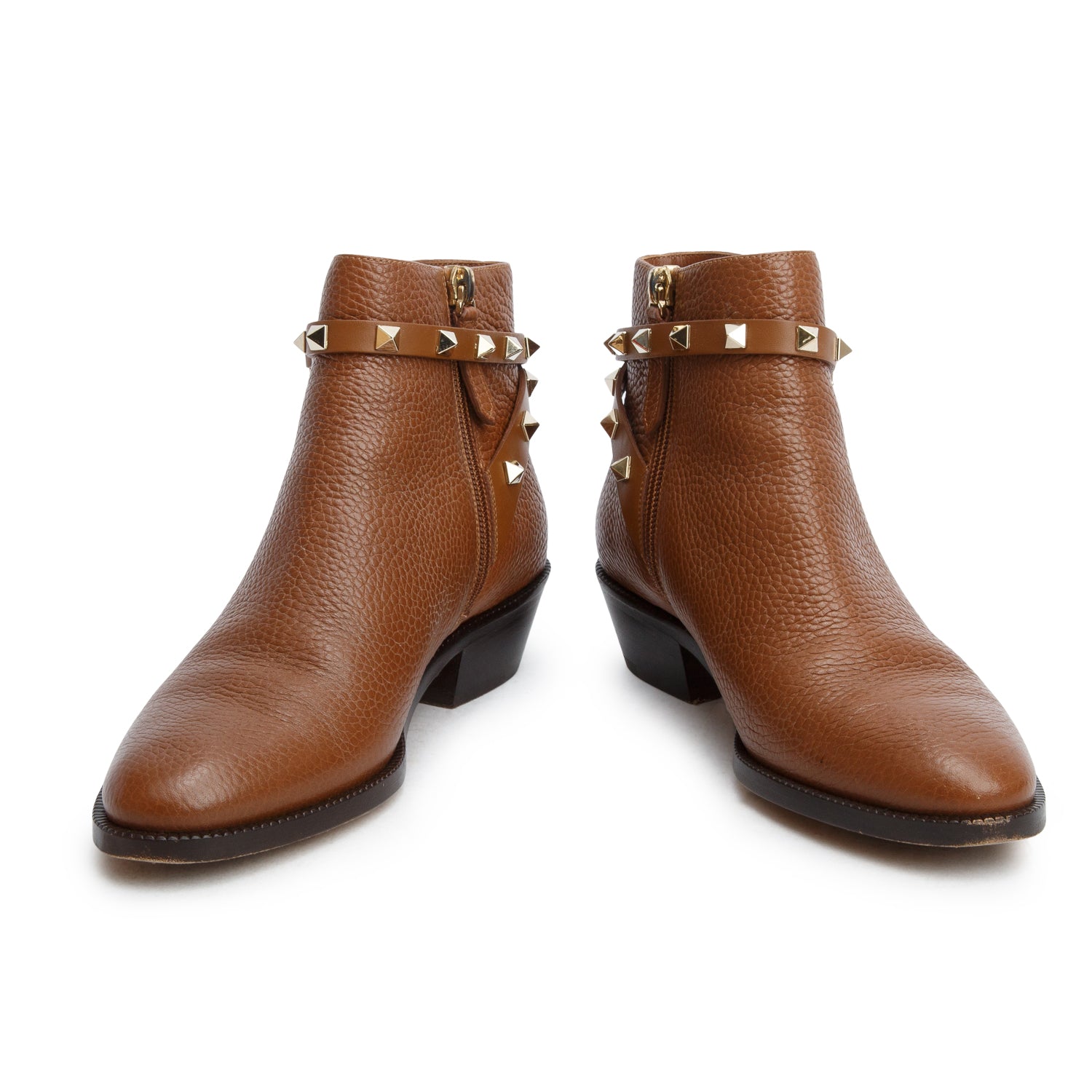 Valentino Brown Grained Leather Rockstud  Ankle Boots, Size 36