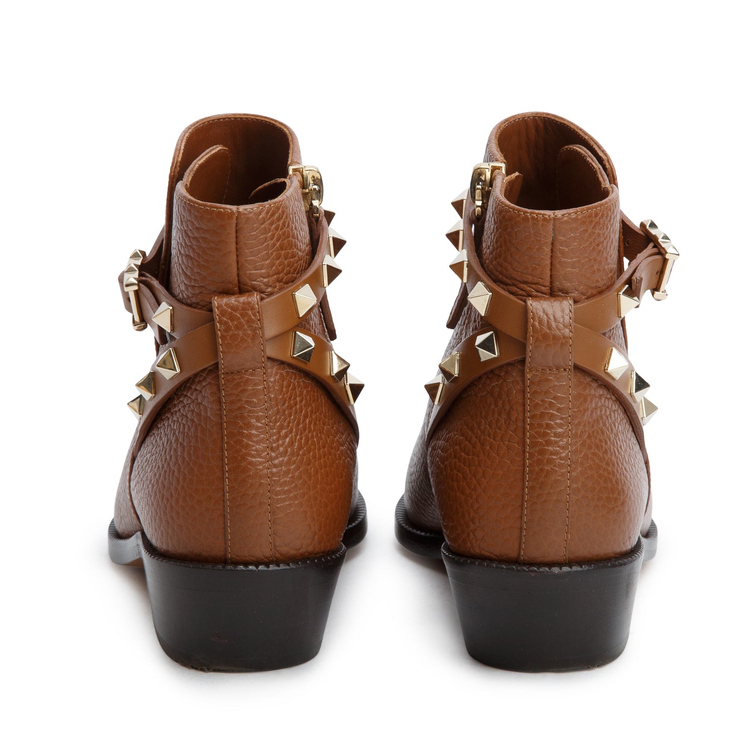 Valentino Brown Grained Leather Rockstud  Ankle Boots, Size 36