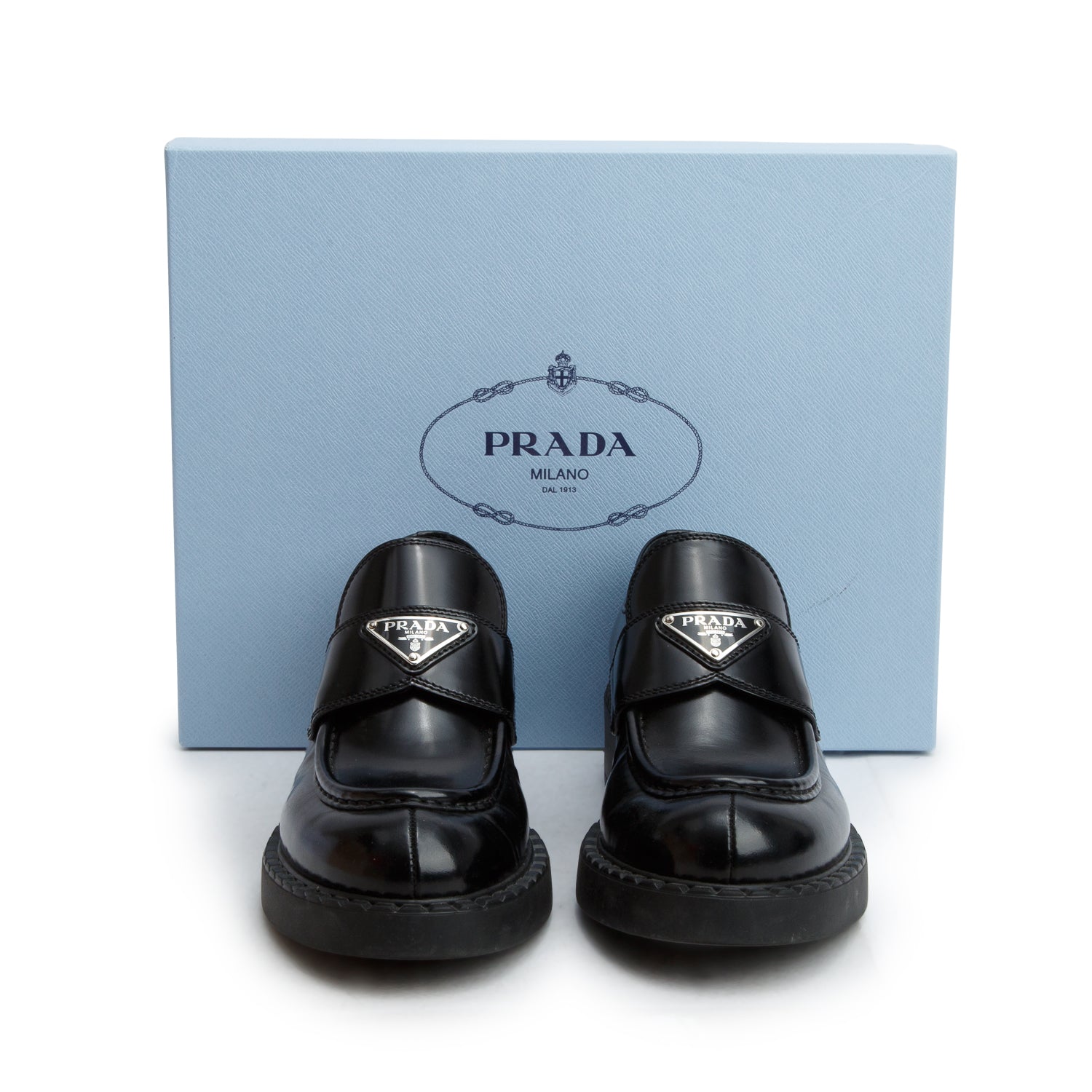 Prada Black Brushed Leather Signature Logo Loafers, Size 38 w/ Box