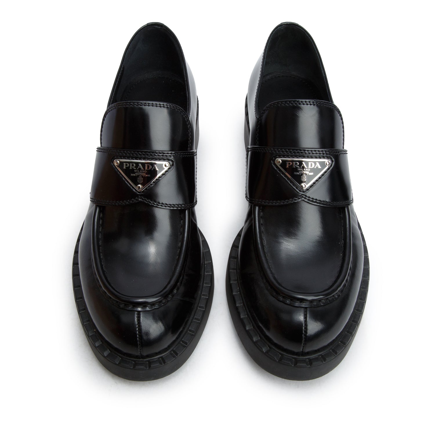 Prada Black Brushed Leather Signature Logo Loafers, Size 38 w/ Box
