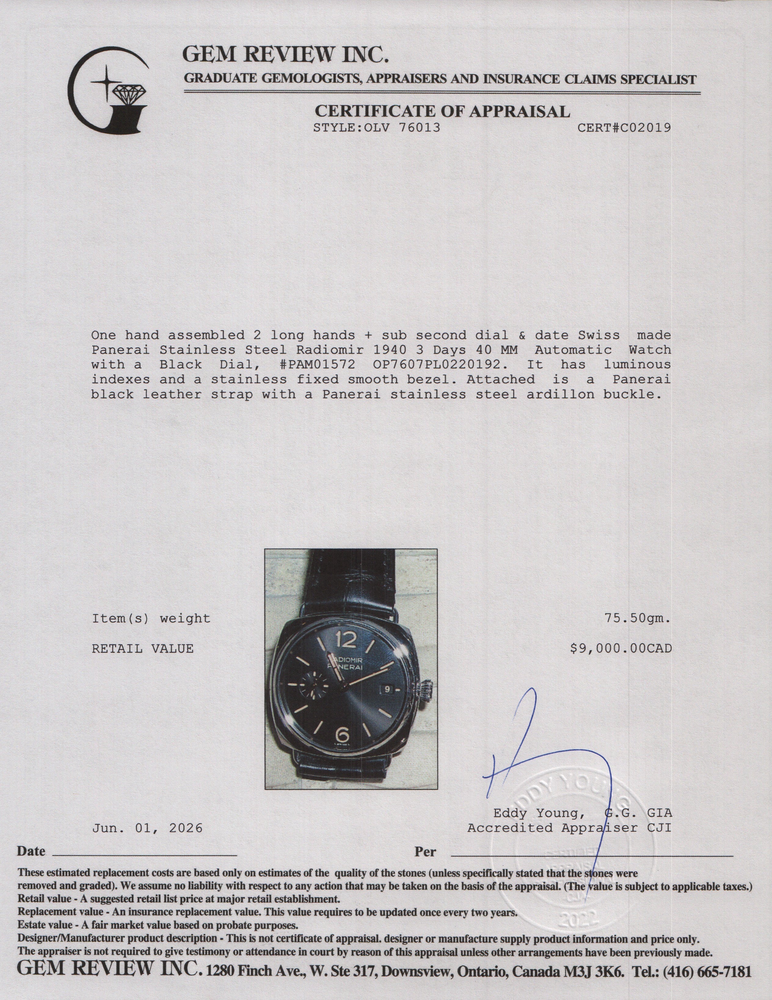 Panerai 2026 Stainless Steel Radiomir 1940 3 Days 40 MM Automatic Watch Black Dial PAM01572 w/ Papers