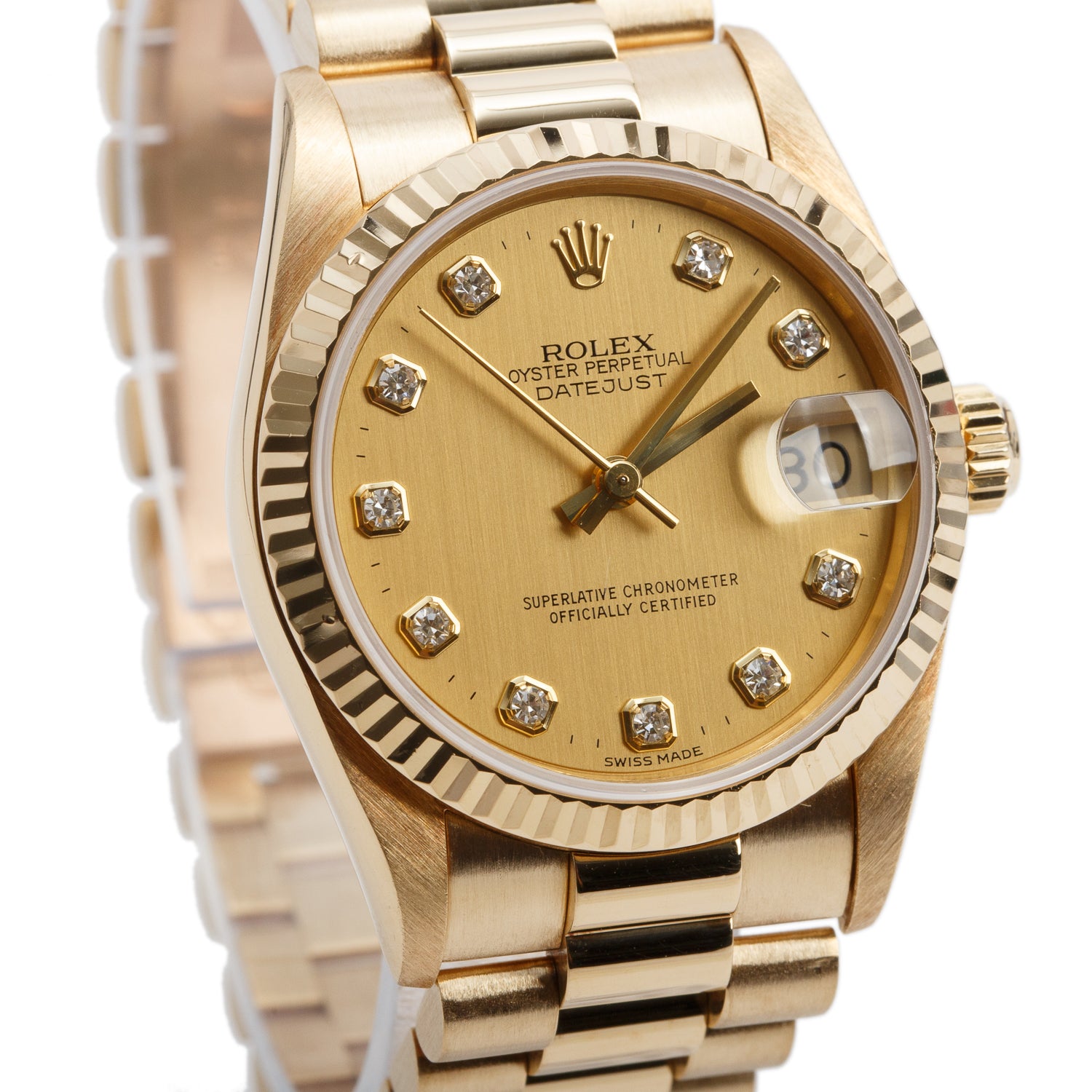 Rolex 18k Yellow Gold Datejust 31 MM Automatic Watch Champagne Diamond Dial 68278
