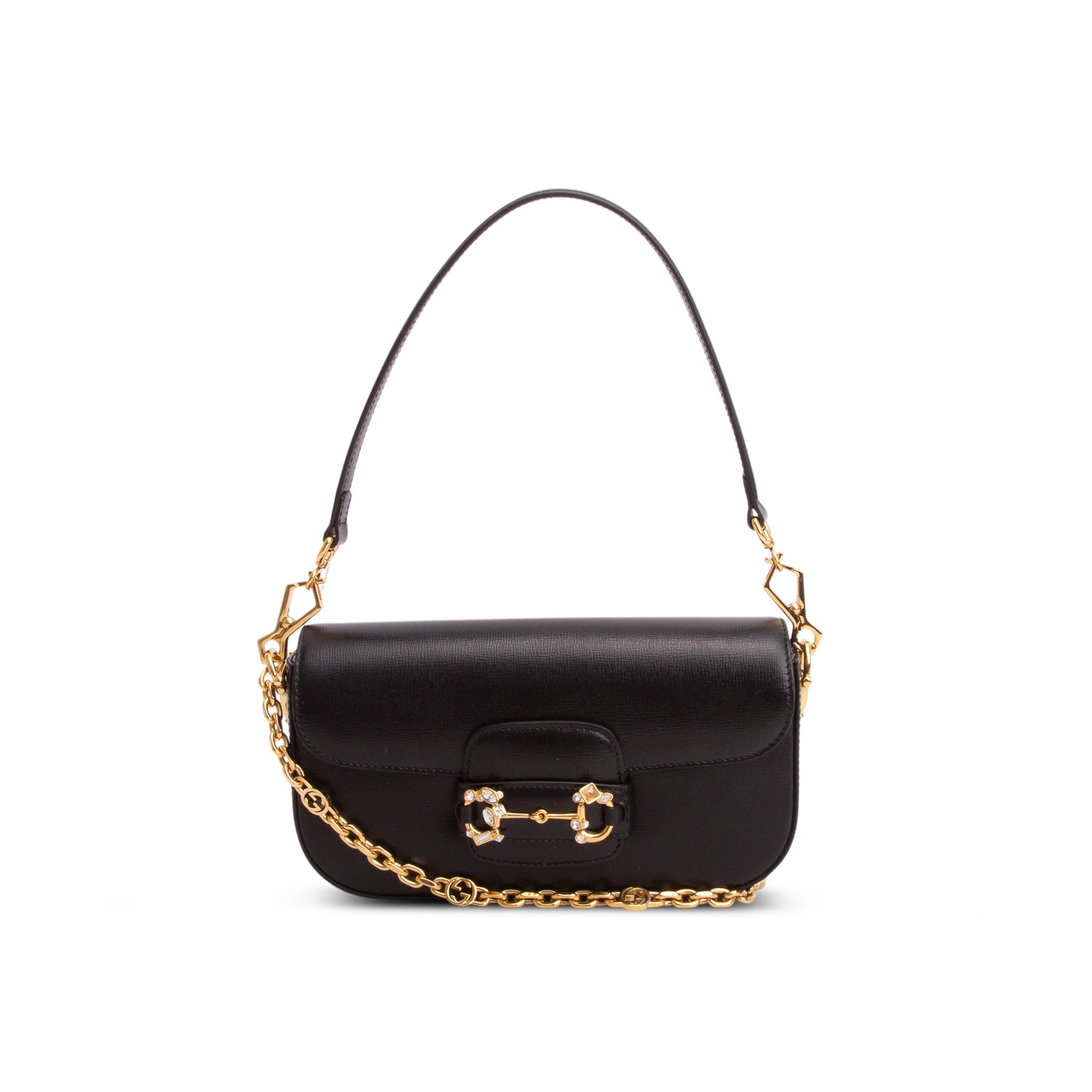 Gucci Black Azalea Calfskin Crystal Small Horsebit 1955 Shoulder Bag w/ Straps