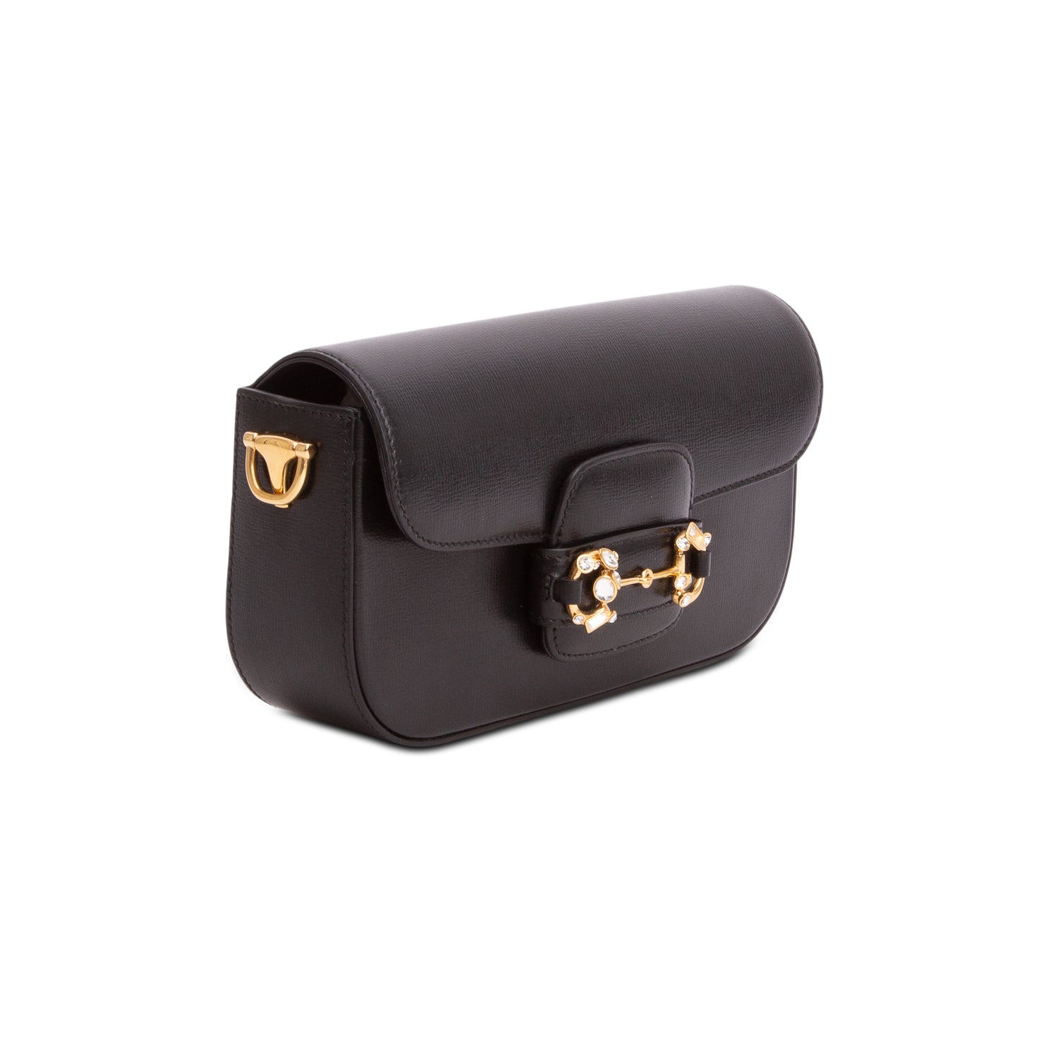 Gucci Black Azalea Calfskin Crystal Small Horsebit 1955 Shoulder Bag w/ Straps