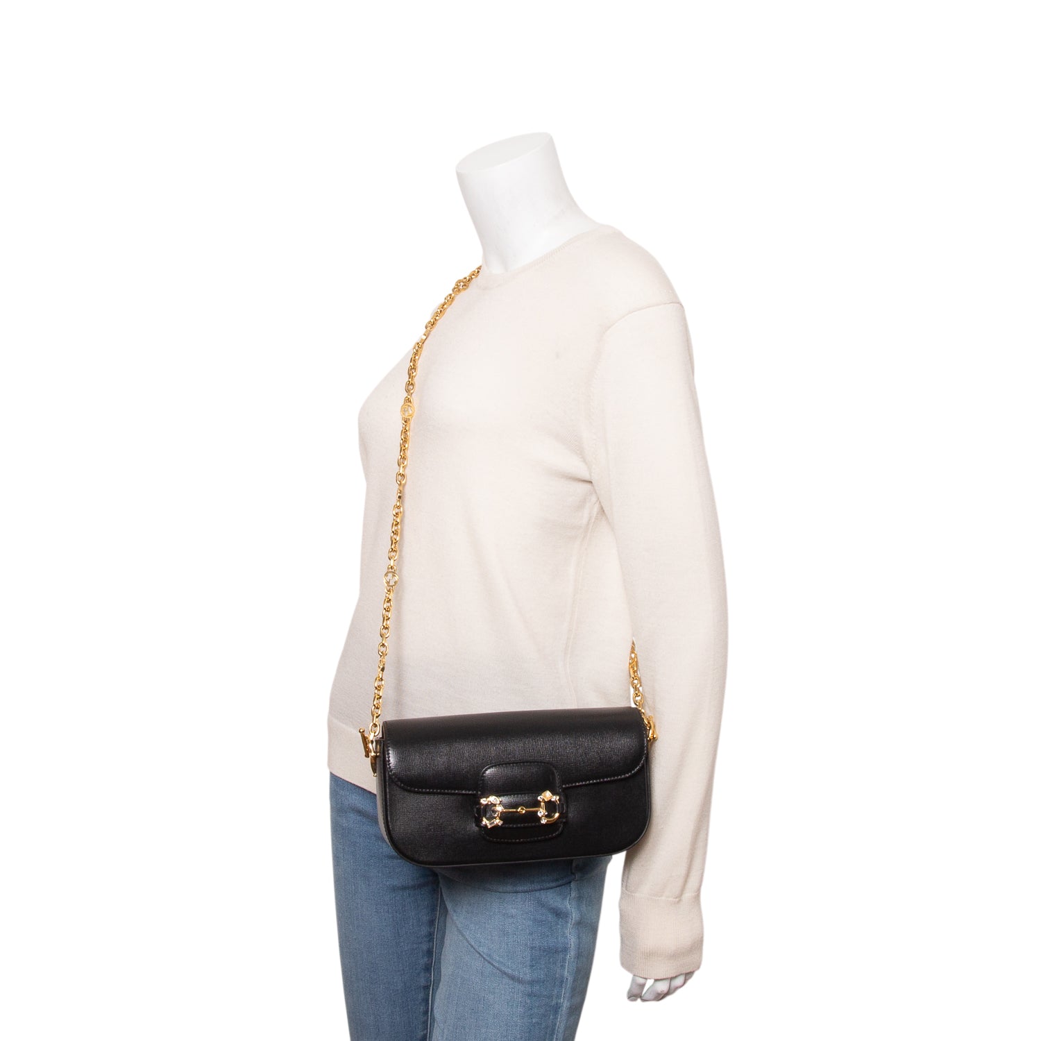 Gucci Black Azalea Calfskin Crystal Small Horsebit 1955 Shoulder Bag w/ Straps