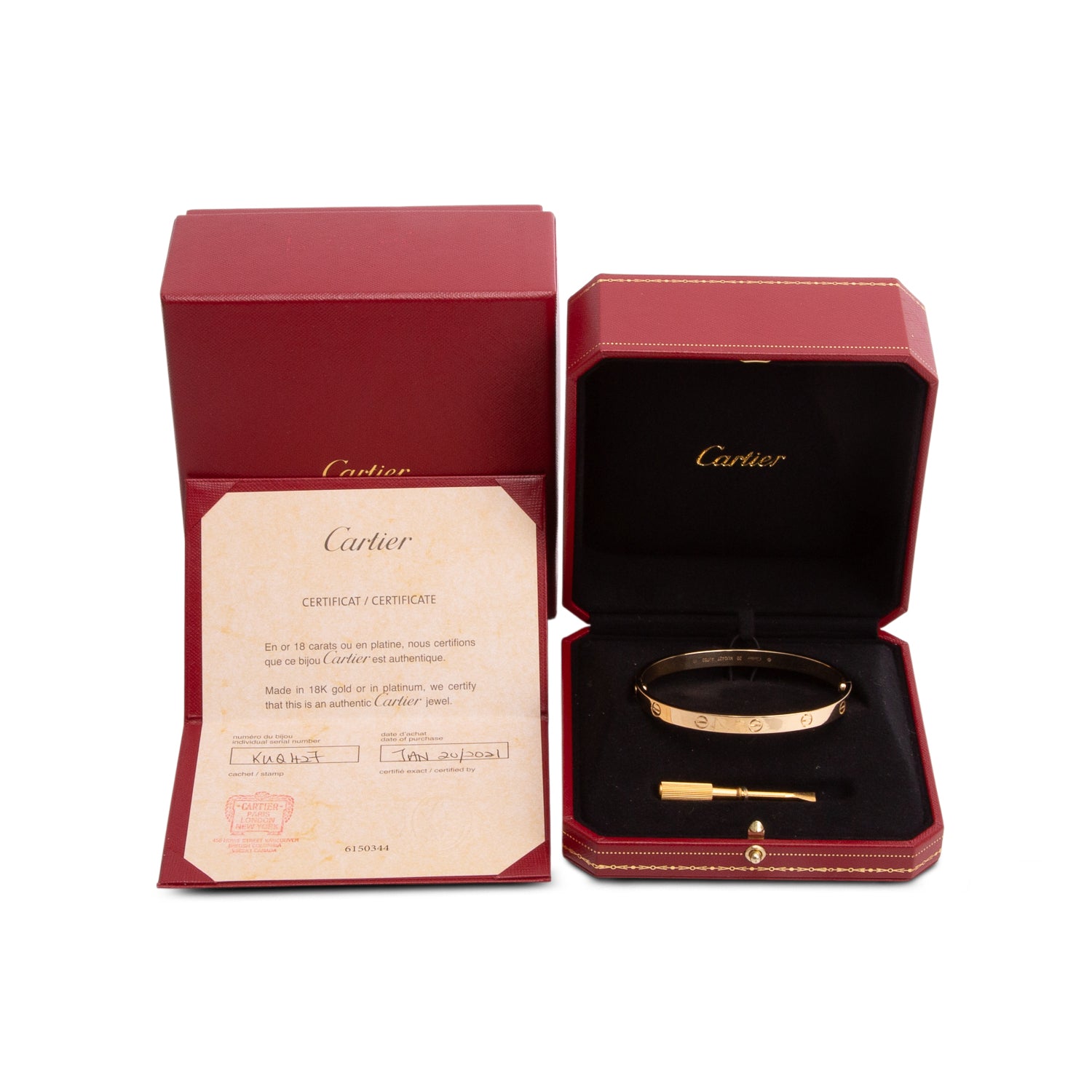 Cartier 2021 18k Yellow Gold Love Bracelet, Classic Model, Size 20 w/ Box & Certificate