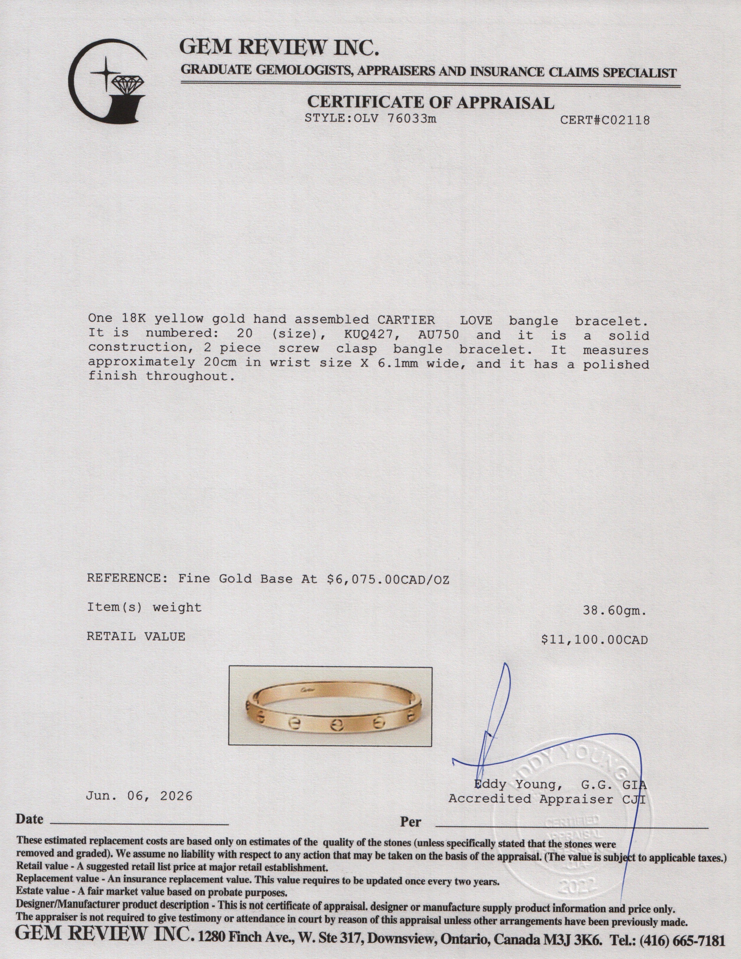 Cartier 2021 18k Yellow Gold Love Bracelet, Classic Model, Size 20 w/ Box & Certificate