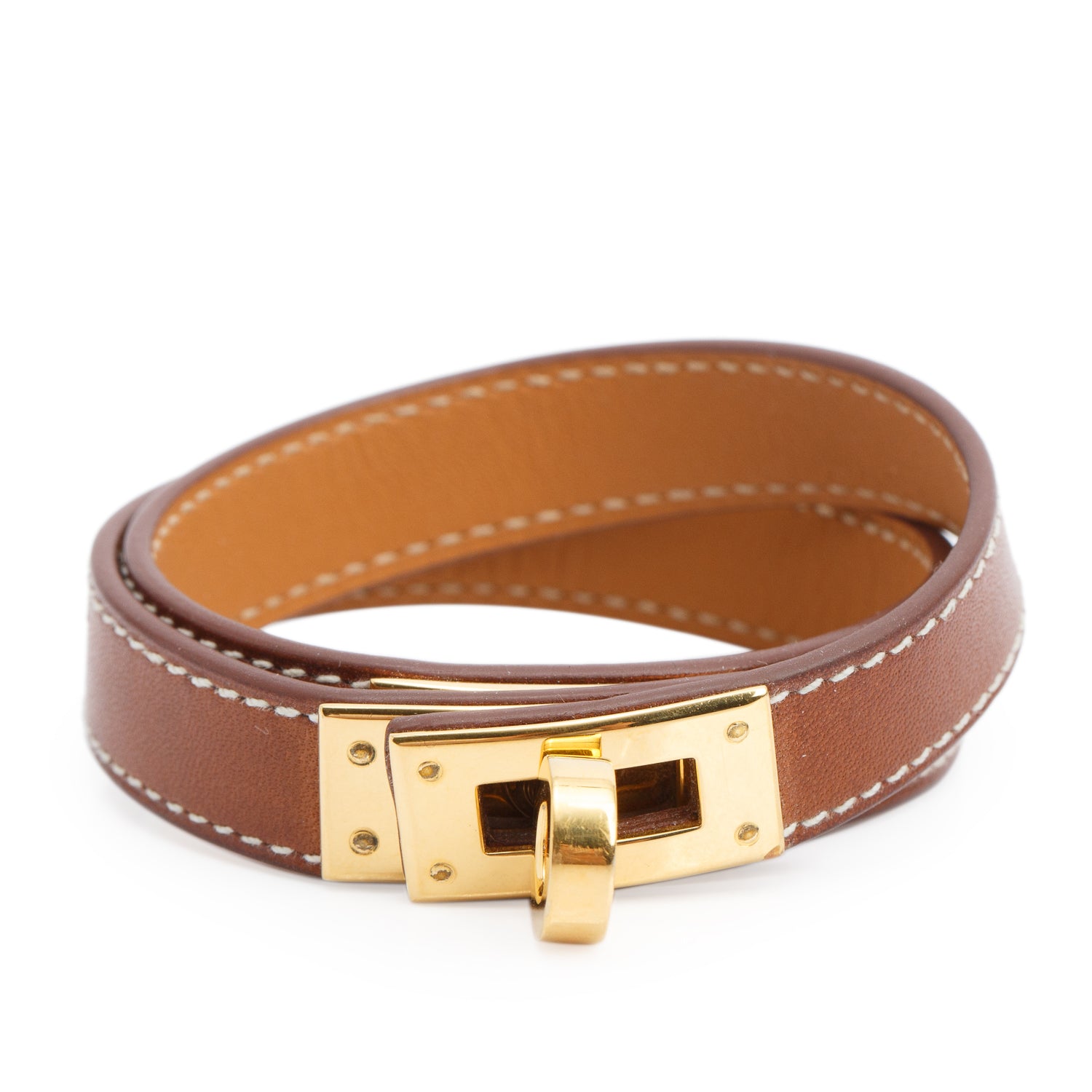 Hermes Gold Plated Gold Calfskin Kelly Double Tour Bracelet, Size M w/ Box