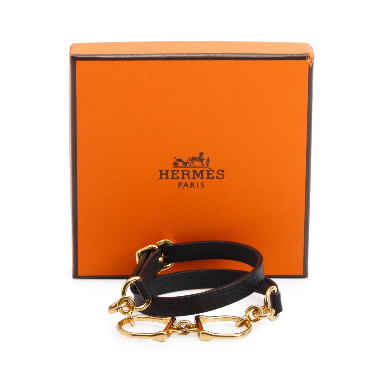 Hermes Gold Plated Black Calfskin Etrier Double Tour Wrap Bracelet, Size T3 w/ Box