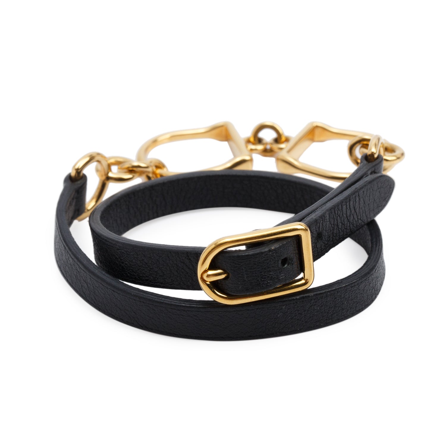 Hermes Gold Plated Black Calfskin Etrier Double Tour Wrap Bracelet, Size T3 w/ Box