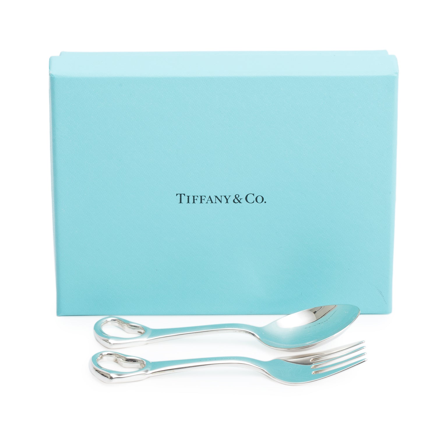 Tiffany & Co. Elsa Peretti Sterling Silver Open Heart Fork & Spoon Baby Set w/ Box