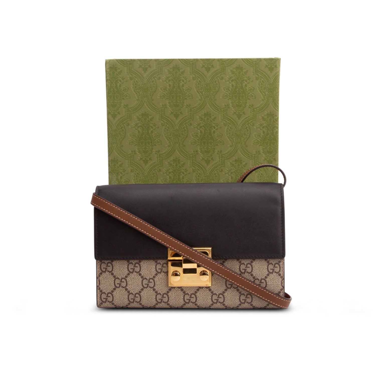 Gucci GG Supreme Monogram Calfskin Mini Padlock Clutch w/ Box & Strap