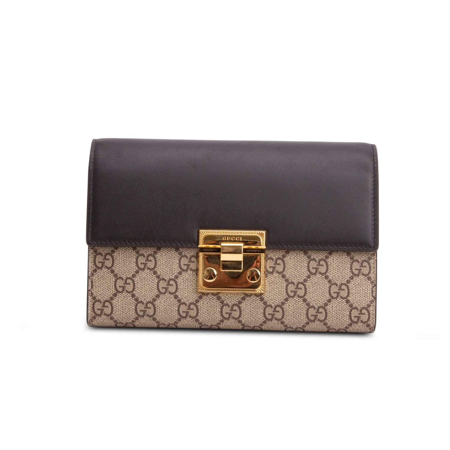 Gucci GG Supreme Monogram Calfskin Mini Padlock Clutch w/ Box & Strap
