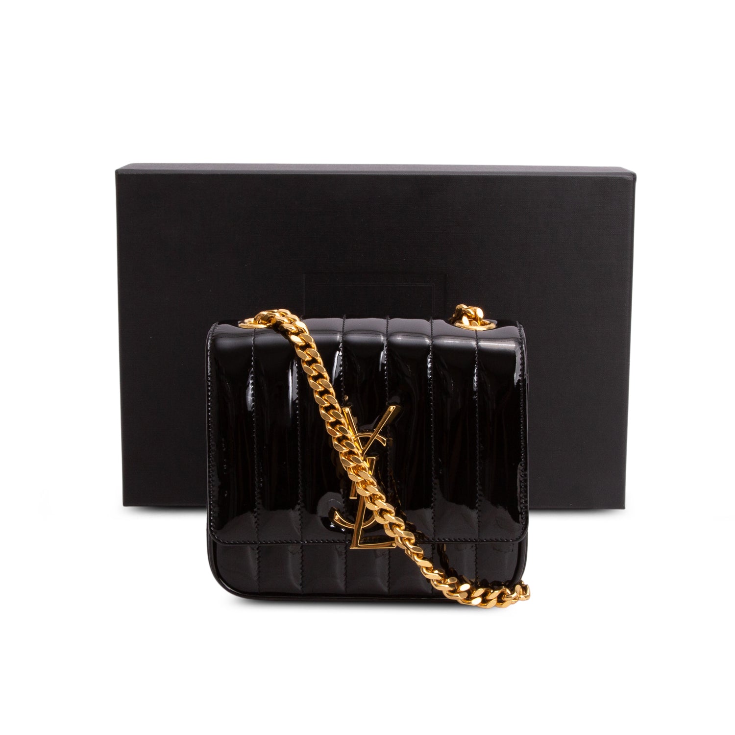 Saint Laurent Black Patent Calfskin Matelasse Monogram Small Vicky Chain Bag w/ Box