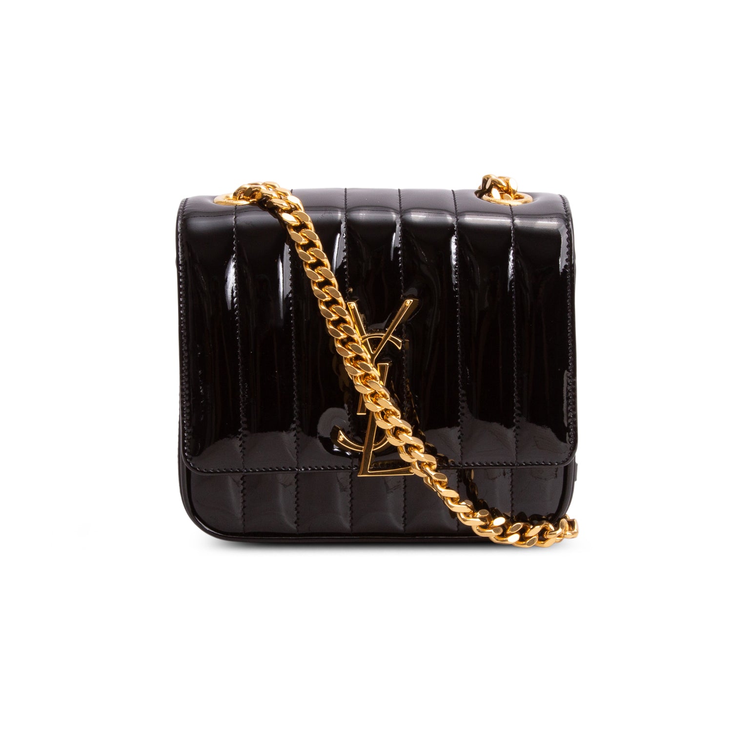 Saint Laurent Black Patent Calfskin Matelasse Monogram Small Vicky Chain Bag w/ Box