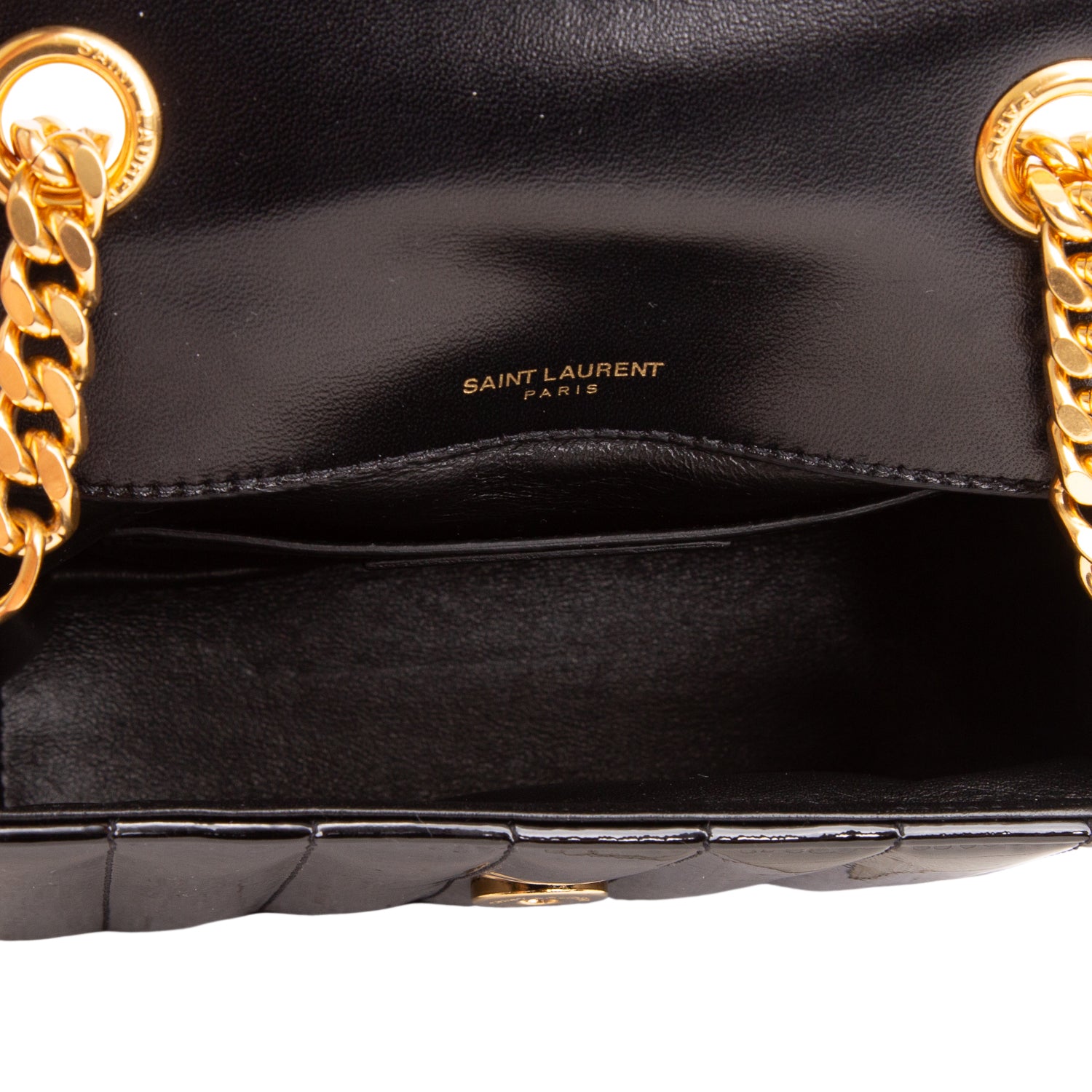 Saint Laurent Black Patent Calfskin Matelasse Monogram Small Vicky Chain Bag w/ Box