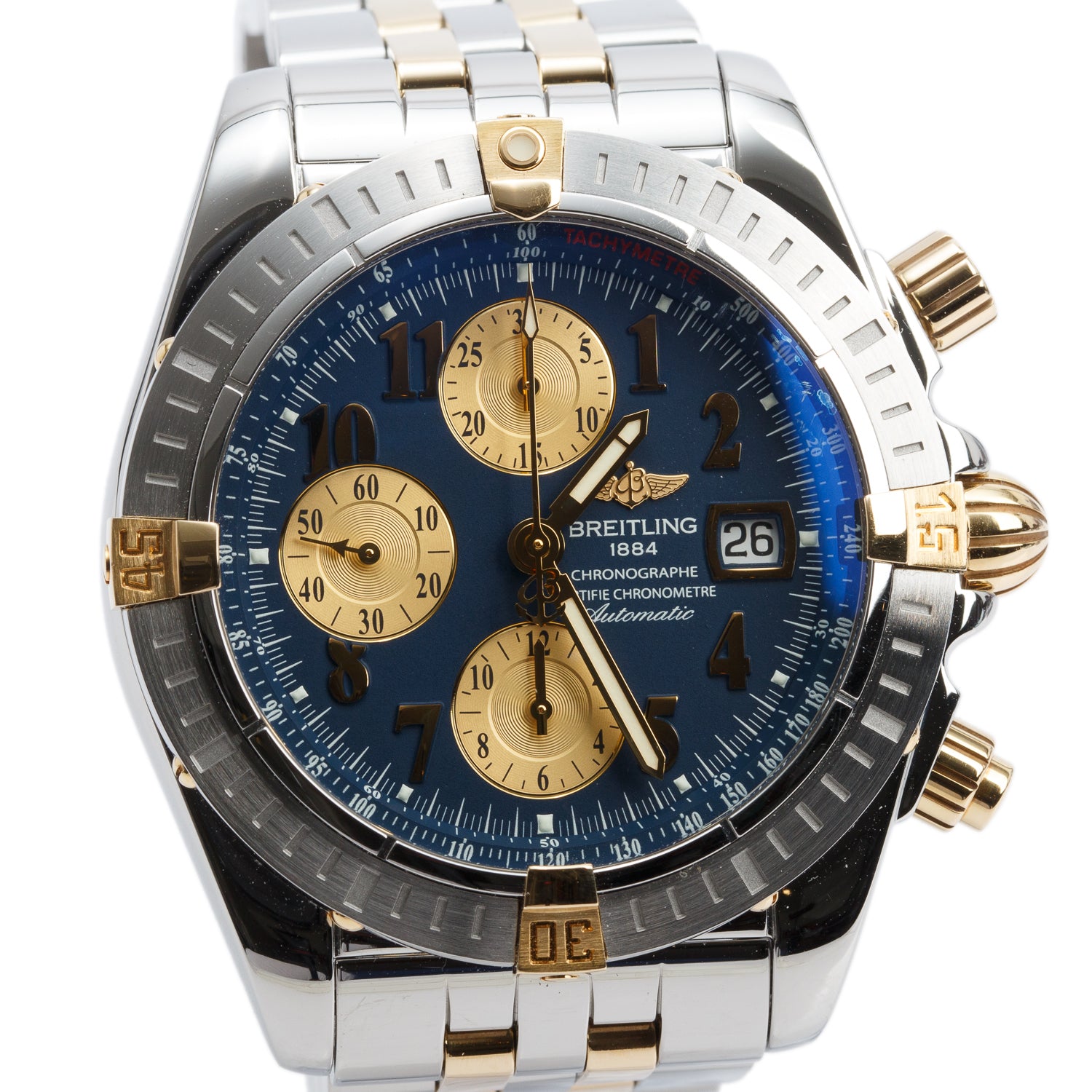 Breitling Stainless Steel & 18k Yellow Gold Chronomat Evolution 44 MM Automatic Chronograph Watch Blue Dial B13356
