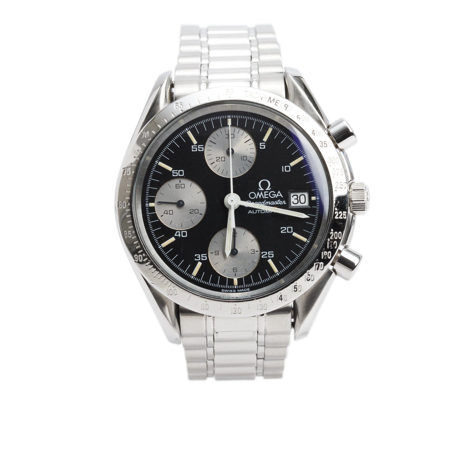 Omega Stainless Steel Speedmaster Date 39 MM Chronograph Automatic Watch Black Dial