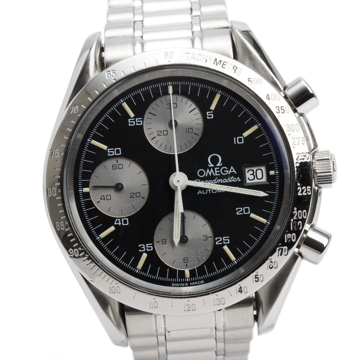 Omega Stainless Steel Speedmaster Date 39 MM Chronograph Automatic Watch Black Dial