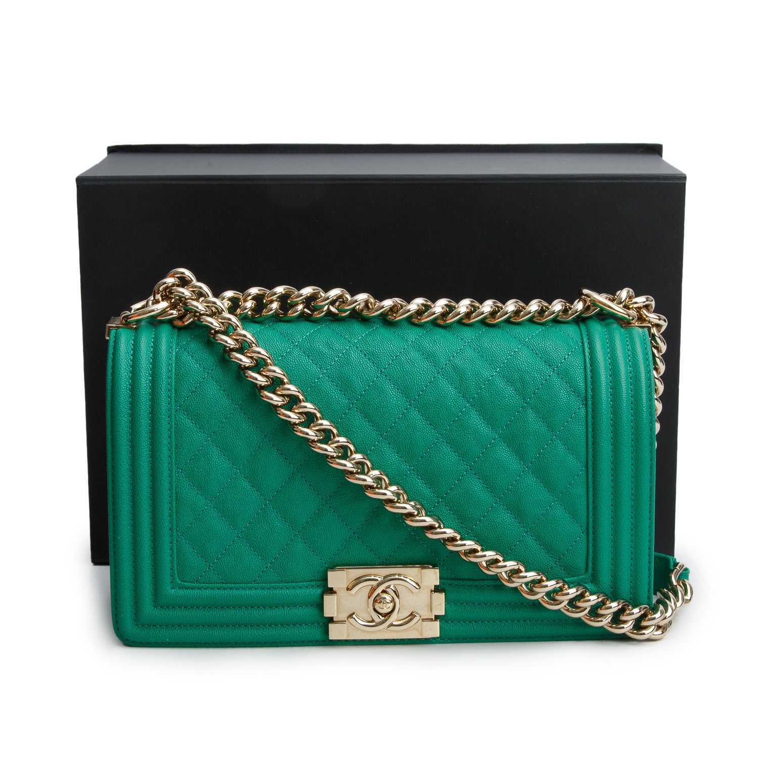 Chanel 2020 Green Caviar Quilted Medium Boy Flap Bag w/ Box, Authenticity Card & Receipt