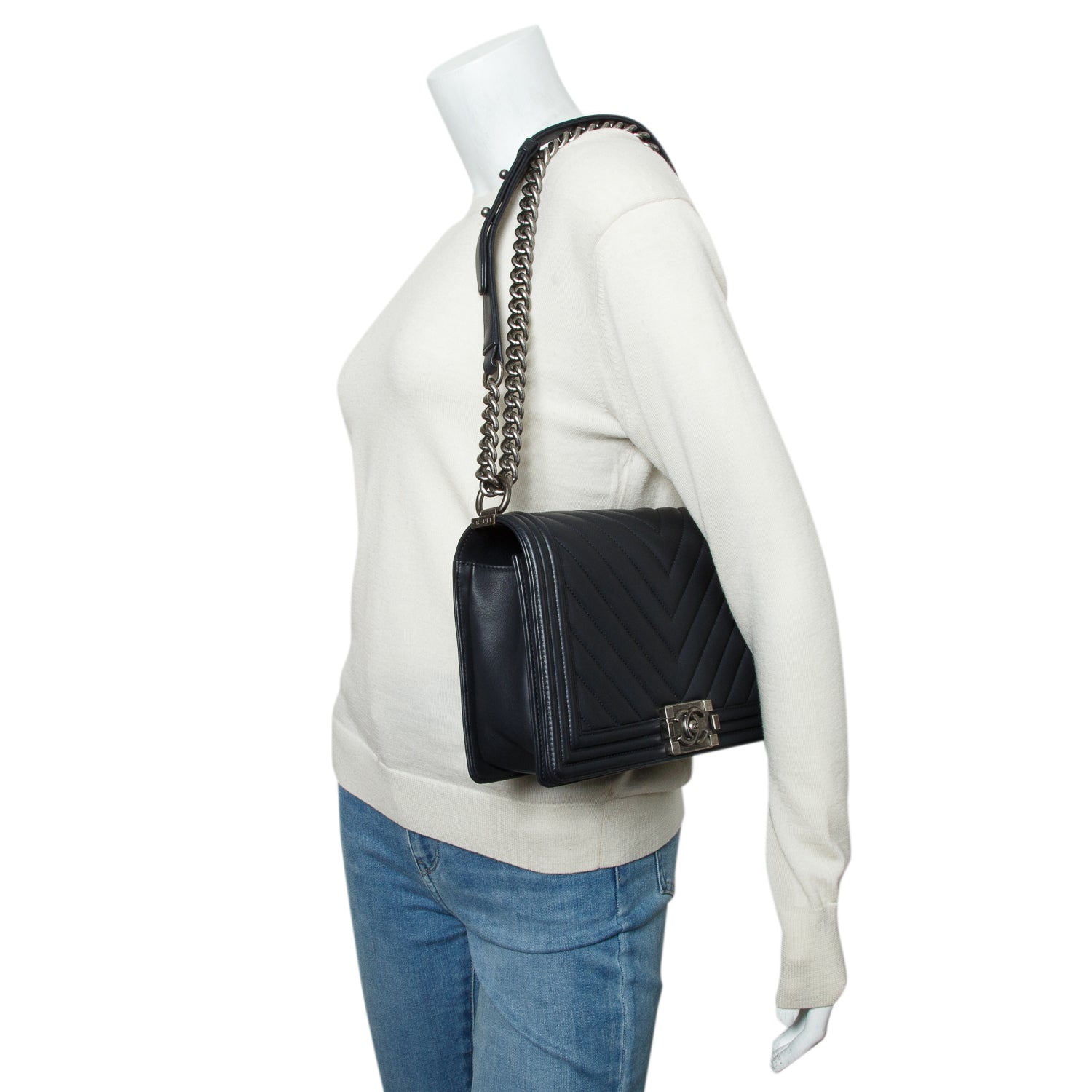 Chanel Black Chevron Quilted Lambskin Large Boy Bag w/ Box & Authenticity Card