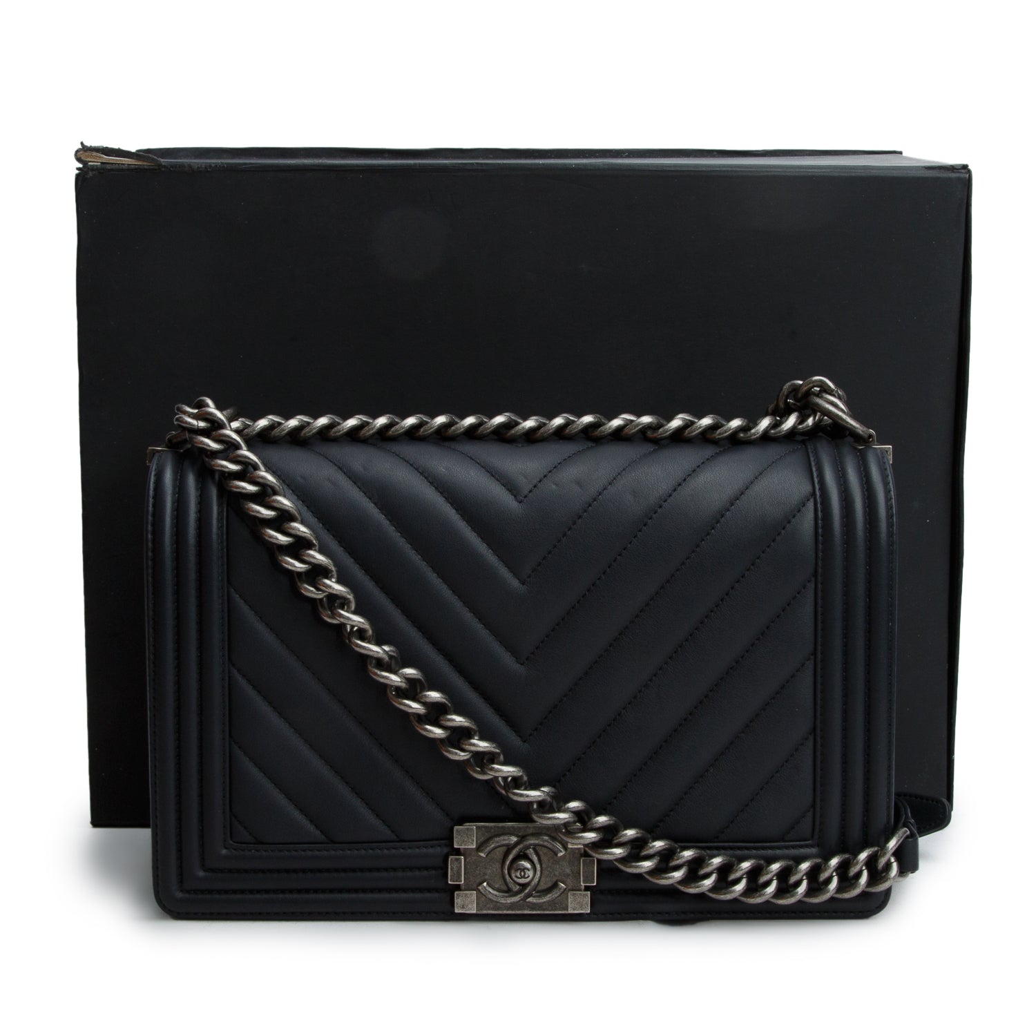 Chanel Black Chevron Quilted Lambskin Large Boy Bag w/ Box & Authenticity Card