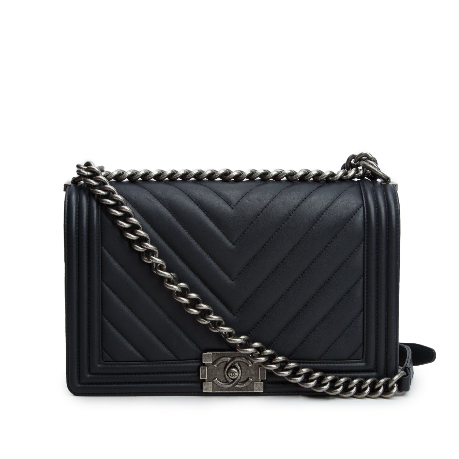 Chanel Black Chevron Quilted Lambskin Large Boy Bag w/ Box & Authenticity Card