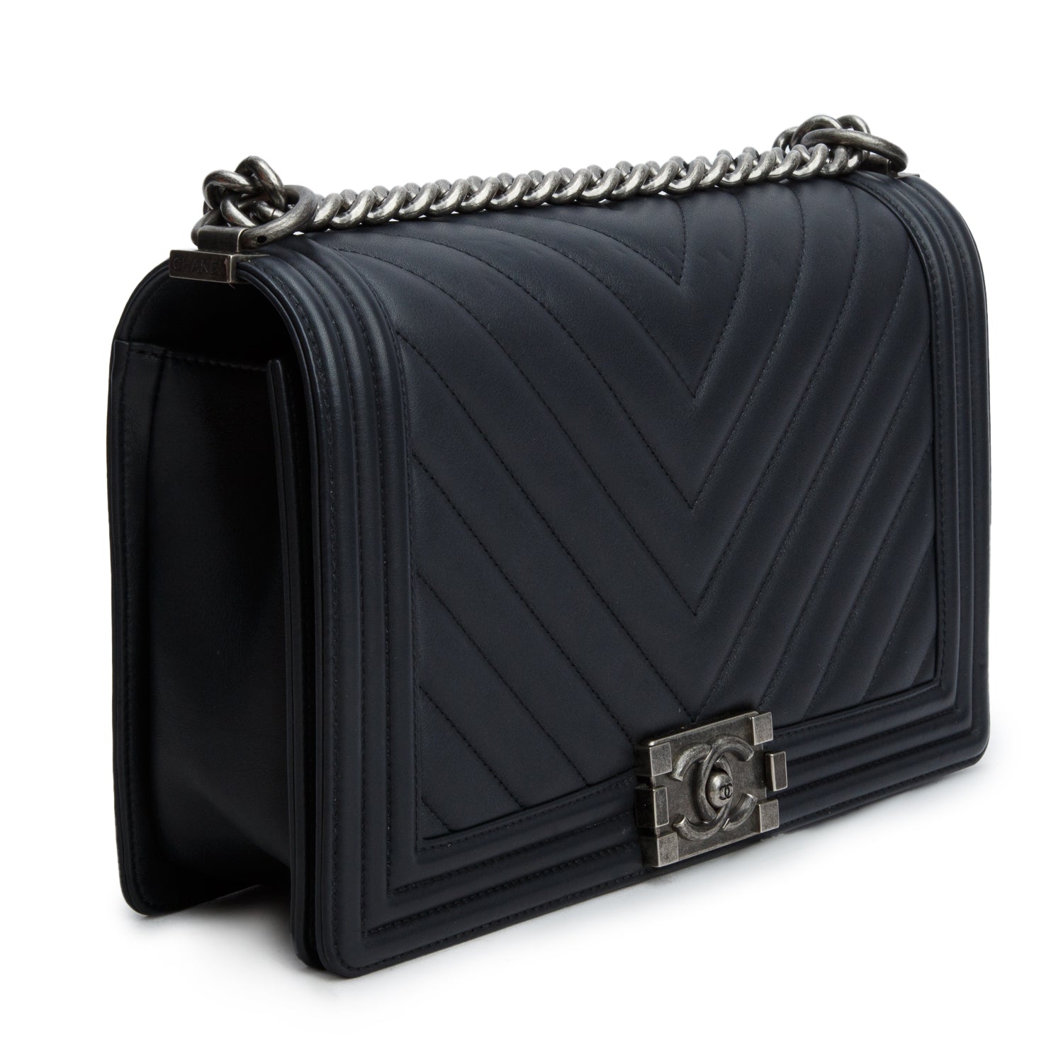 Chanel Black Chevron Quilted Lambskin Large Boy Bag w/ Box & Authenticity Card