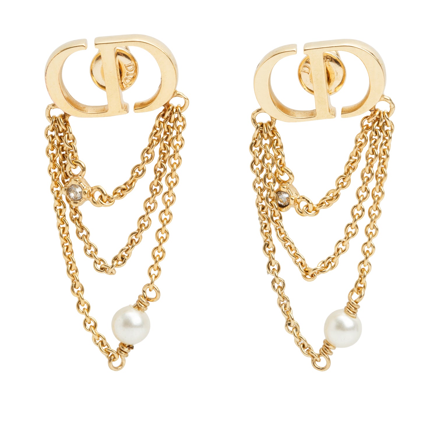 Christian Dior Gold Plated Faux Pearl & Crystal Petite CD Drop Earrings w/ Box