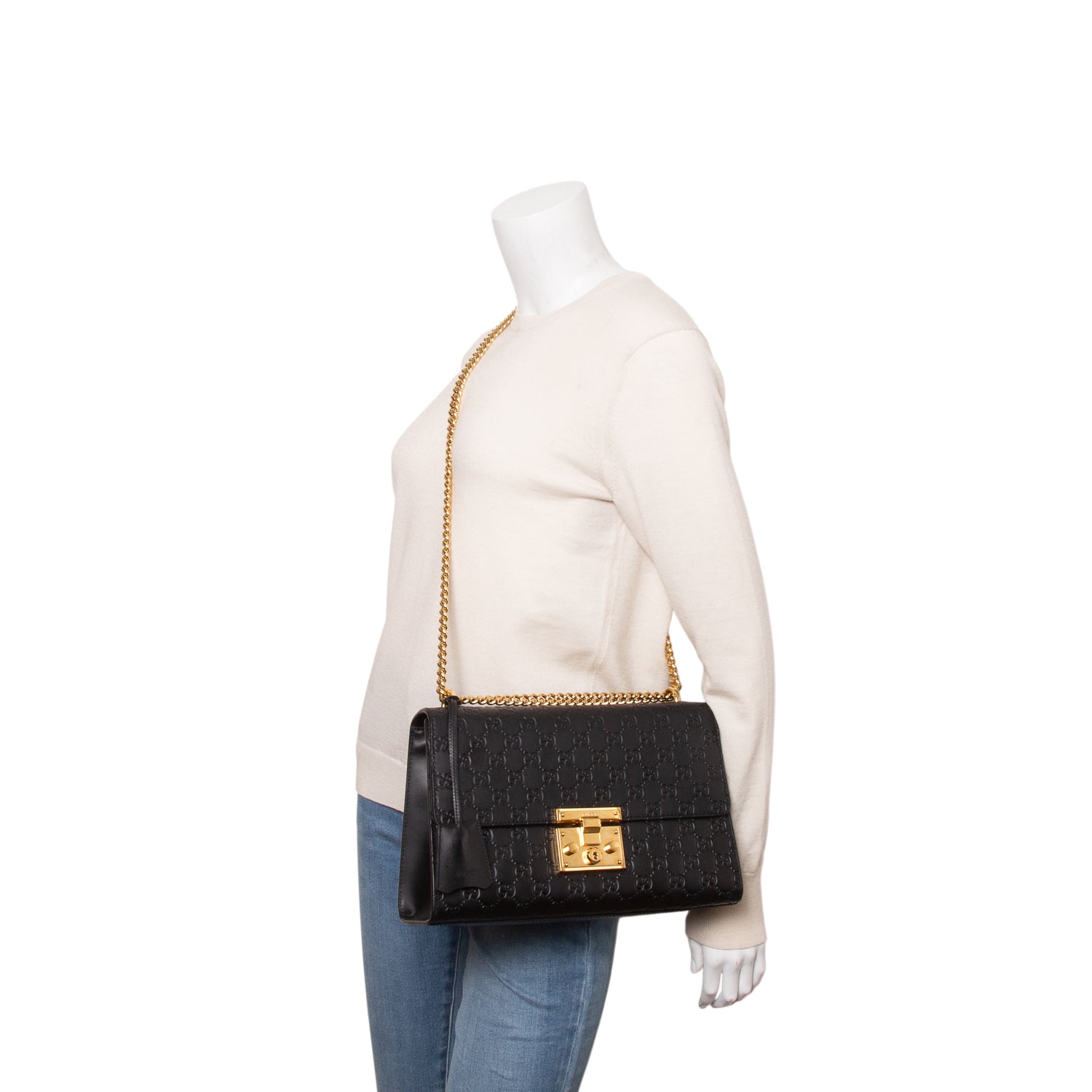Gucci Black GG Signature Leather Medium Padlock Shoulder Bag w/ Box