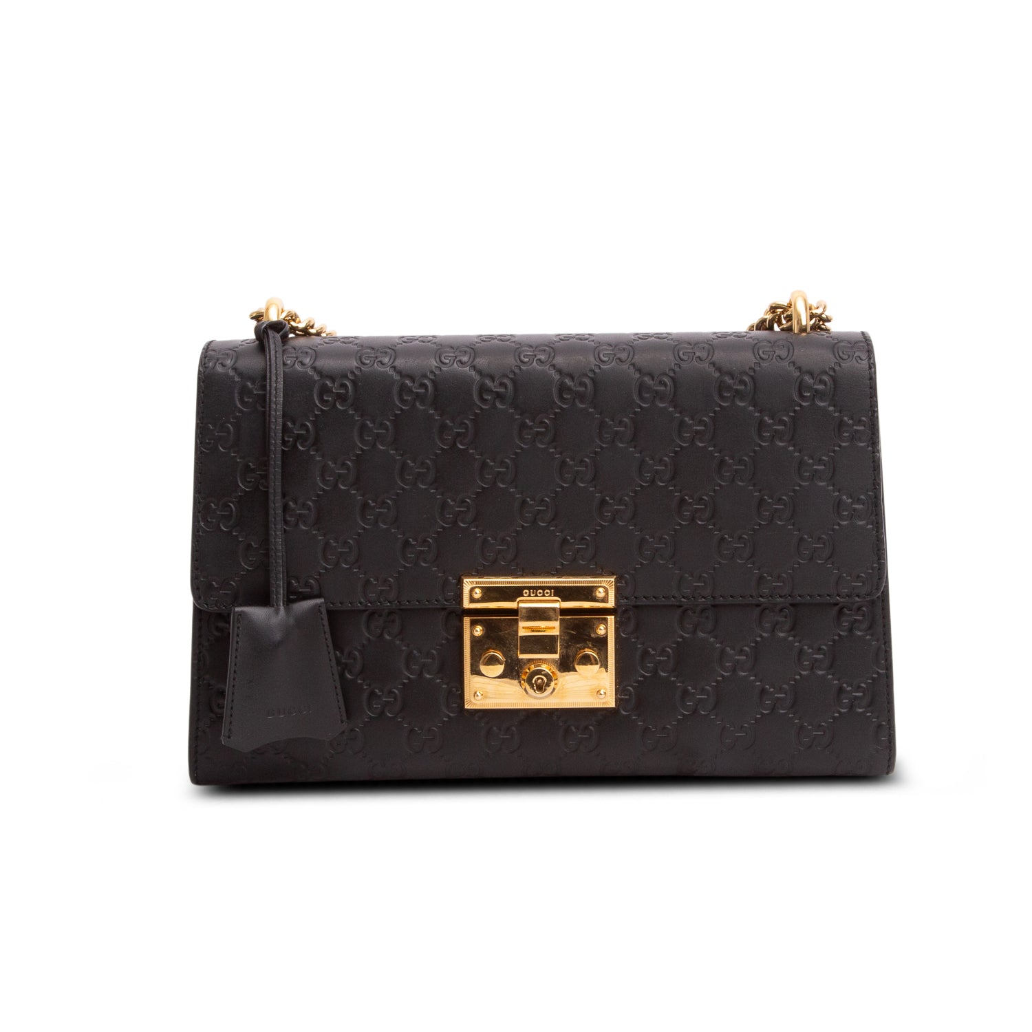 Gucci Black GG Signature Leather Medium Padlock Shoulder Bag w/ Box